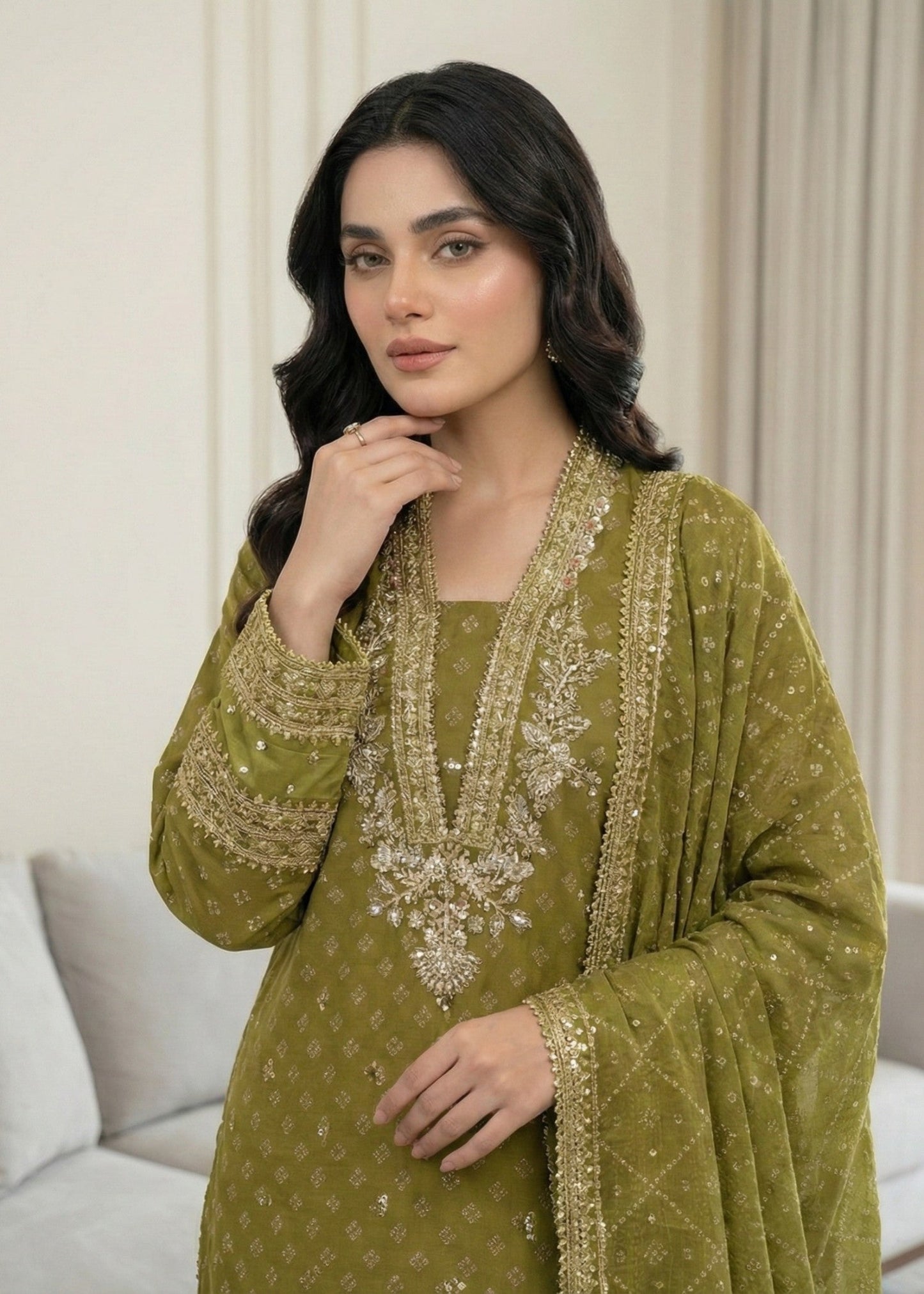 Embroidered Olive Green Raw Silk Farshi Shalwar Online in Sri Lanka India Australia
