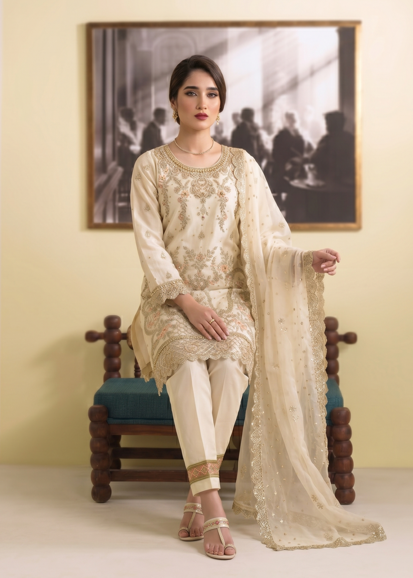 Embroidered Organza Off White Festive Suit Online in UK USA Canada