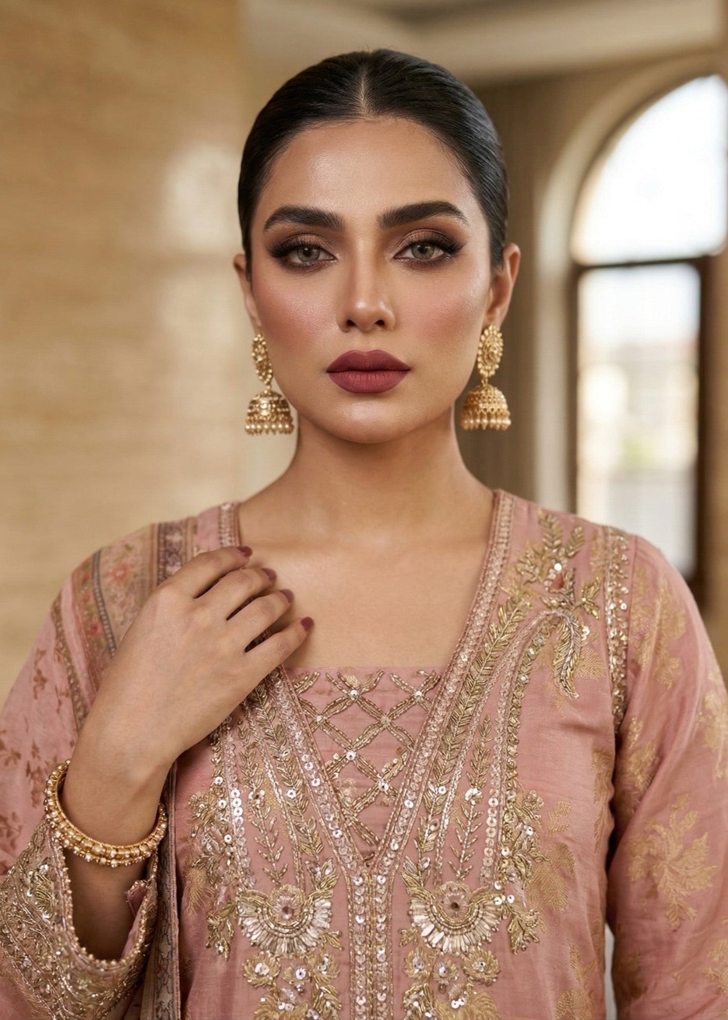 Embroidered Peach Pink Farshi Shalwar Dress Online in KSA Riyadh Saudi Arabia Oman Bahrain Qatar