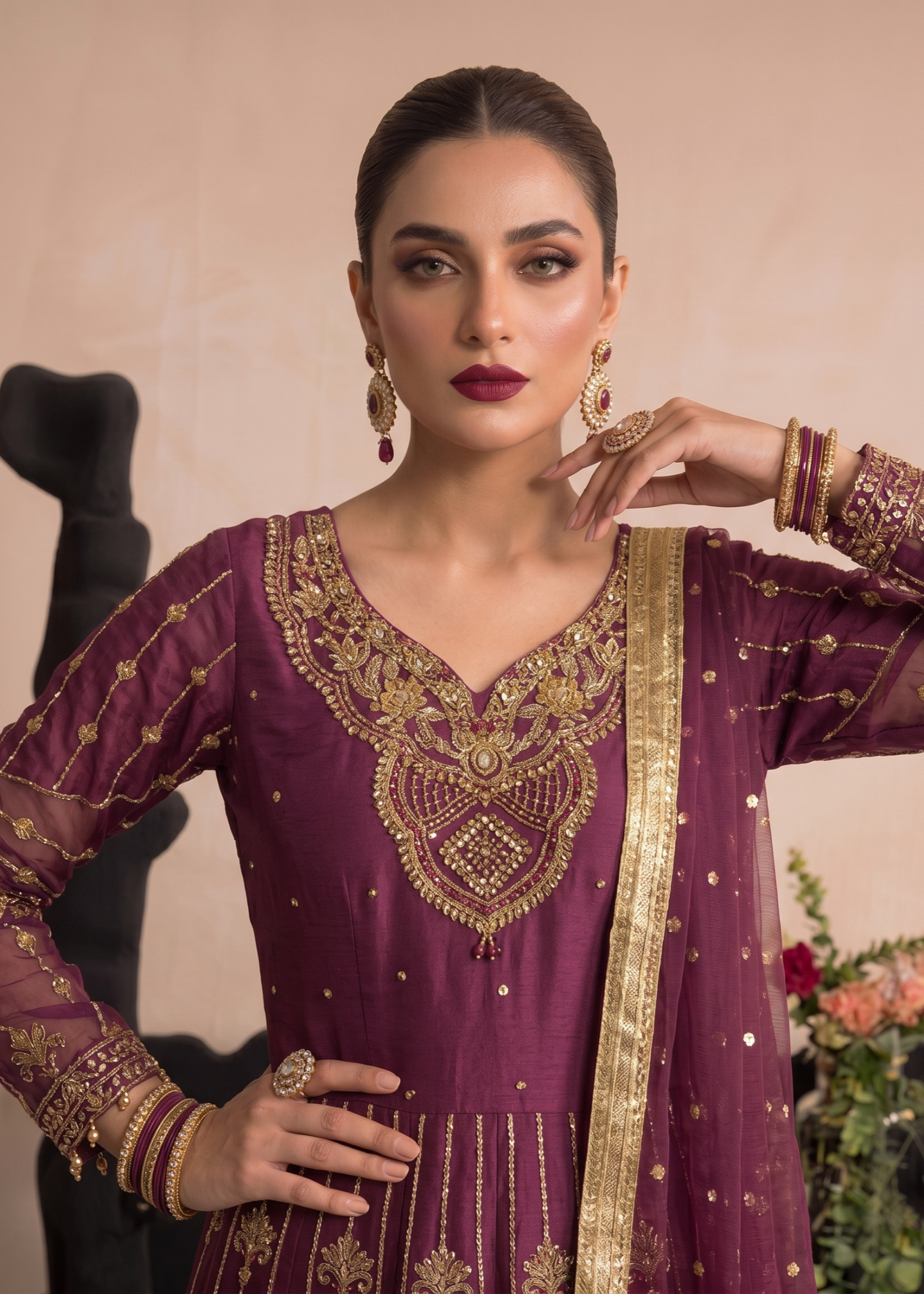 Embroidered Plum Organza Ladies Suit Online in KSA Riyadh Saudi Arabia Oman Bahrain Qatar