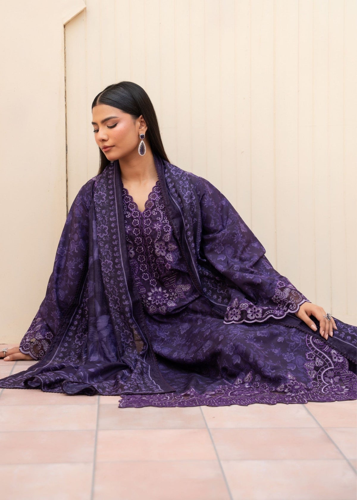 Embroidered Purple Heart Blended Khaddar 3 Piece Suit Online in Dubai UAE Abudhabi Ajman Sharjah