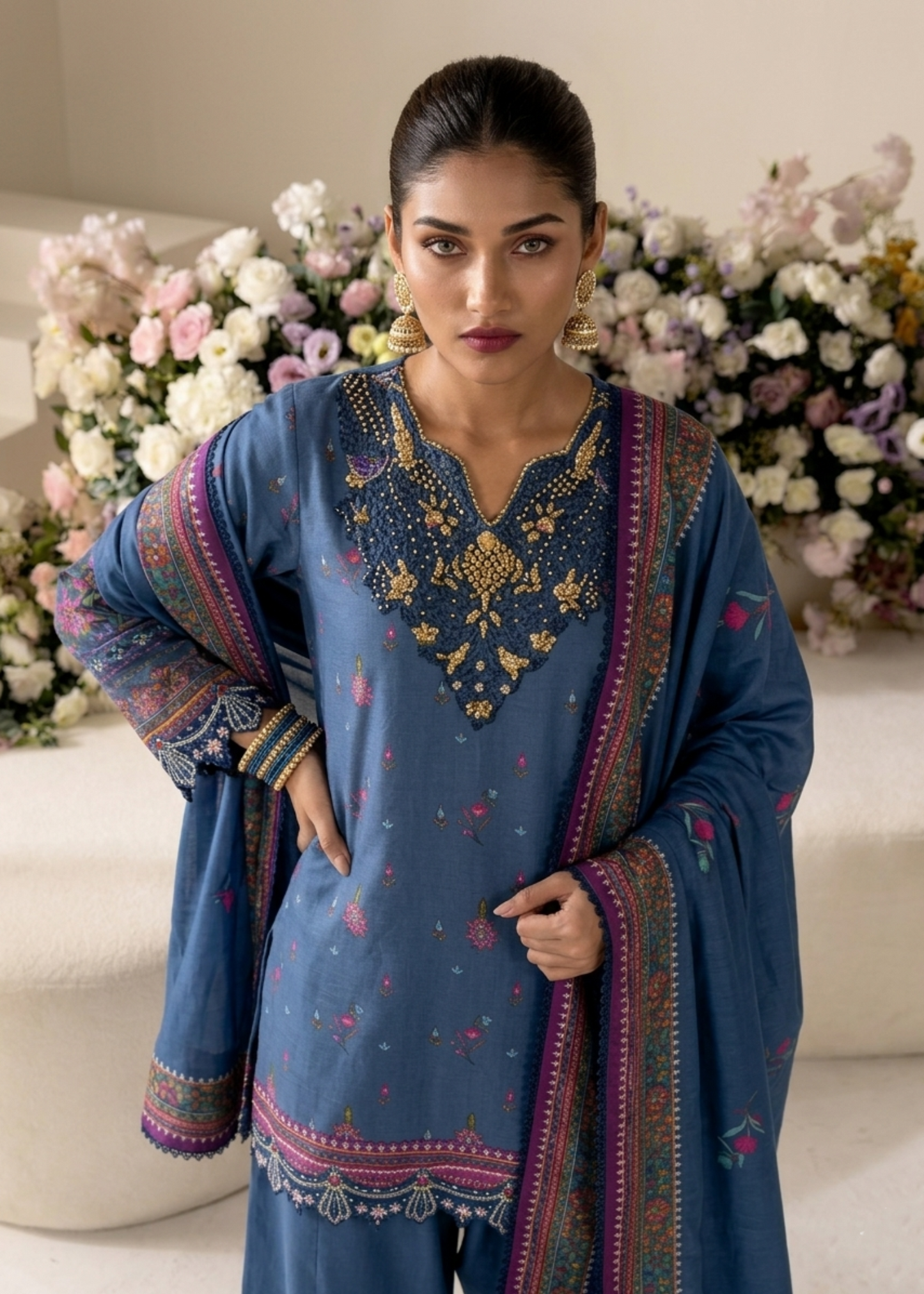Embroidered Raw Silk Sapphire Blue Kurta Suit Online in Dubai DXB UAE Abudhabi Meena Bazaar