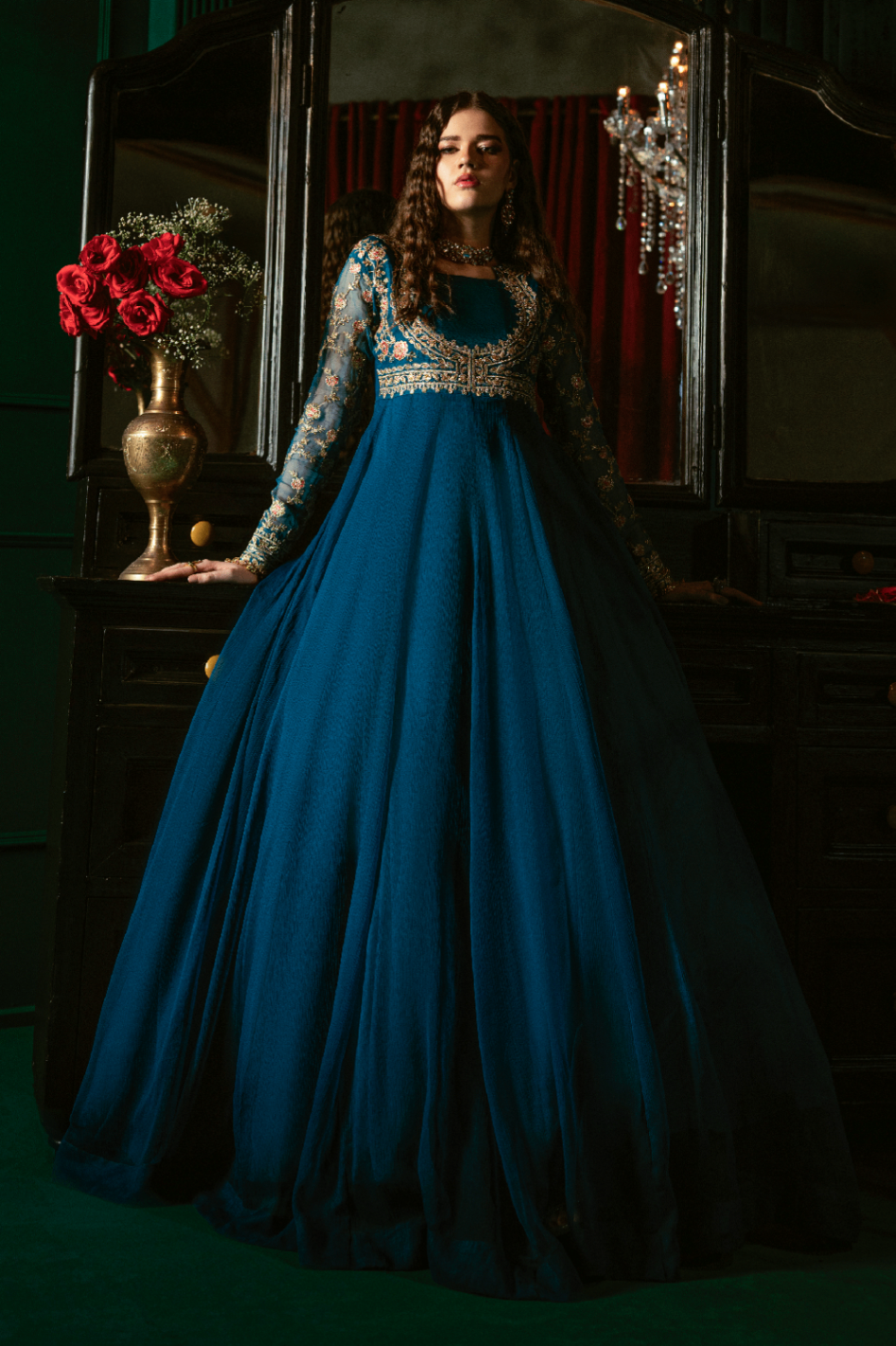 Embroidered Sapphire Blue Chiffon Pishwas Kurta Online in Sri Lanka India Australia