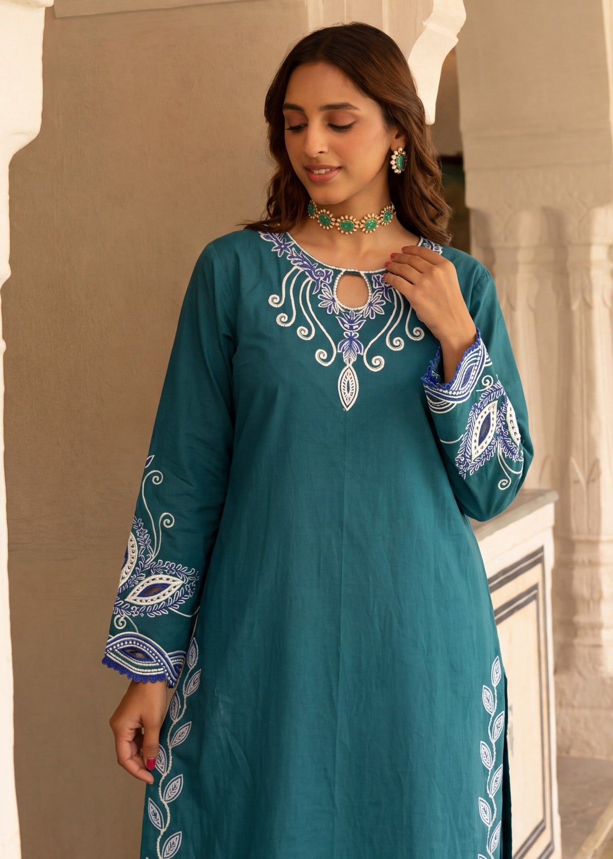 Embroidered Teal Cotton Dress Online in Dubai DXB UAE Abudhabi Meena Bazaar