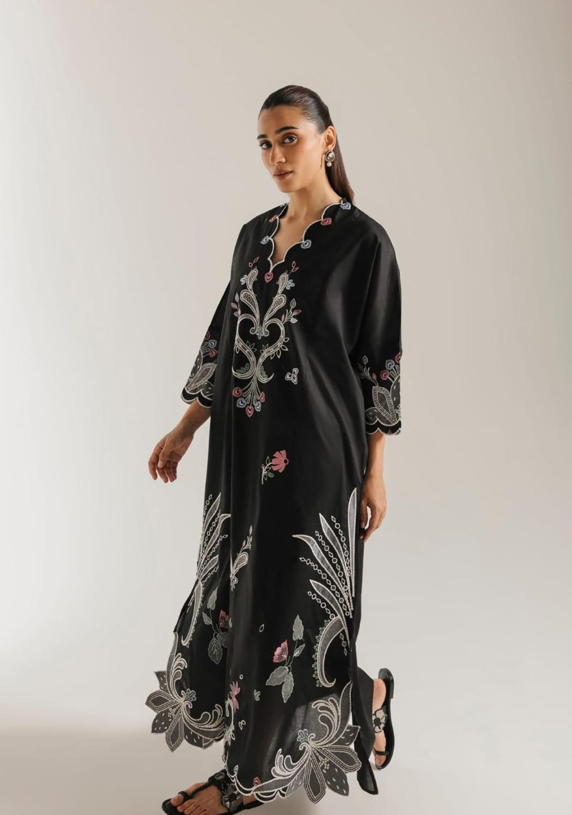 Black Sheesha Silk Embroidered Kaftan with Boring Cutwork Details