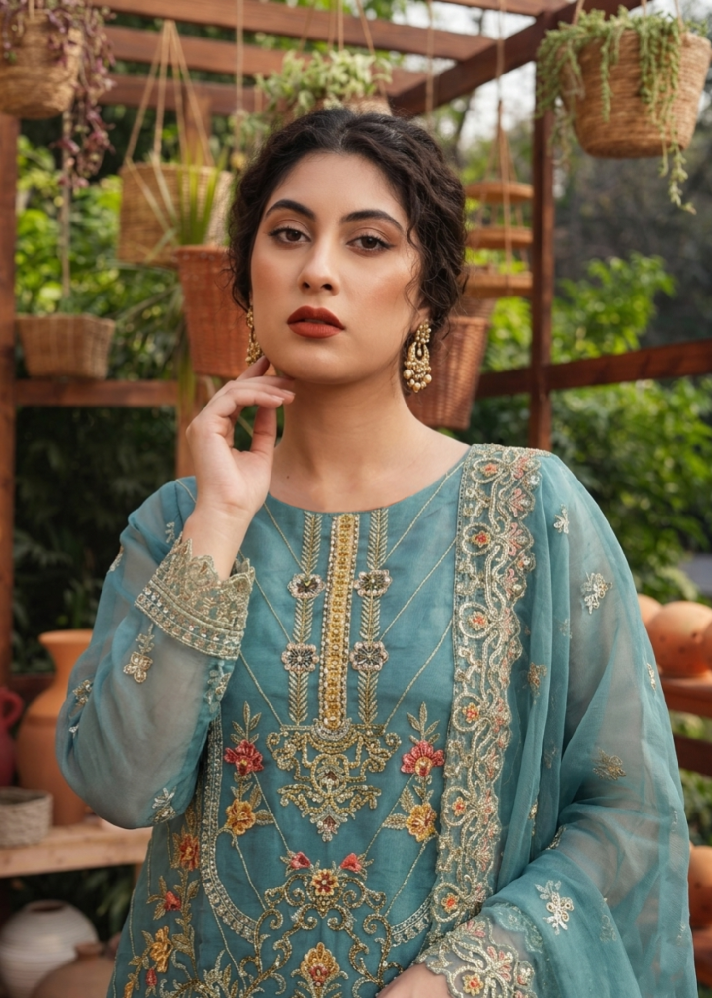Festive Embroidered Organza Aquamarine Ladies Suit Online in KSA Riyadh Saudi Arabia Oman Bahrain Qatar