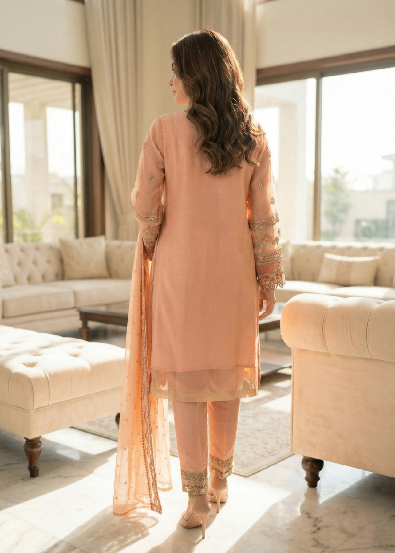 Festive Peach Pink Embroidered Organza Suit Online in Sri Lanka India Australia