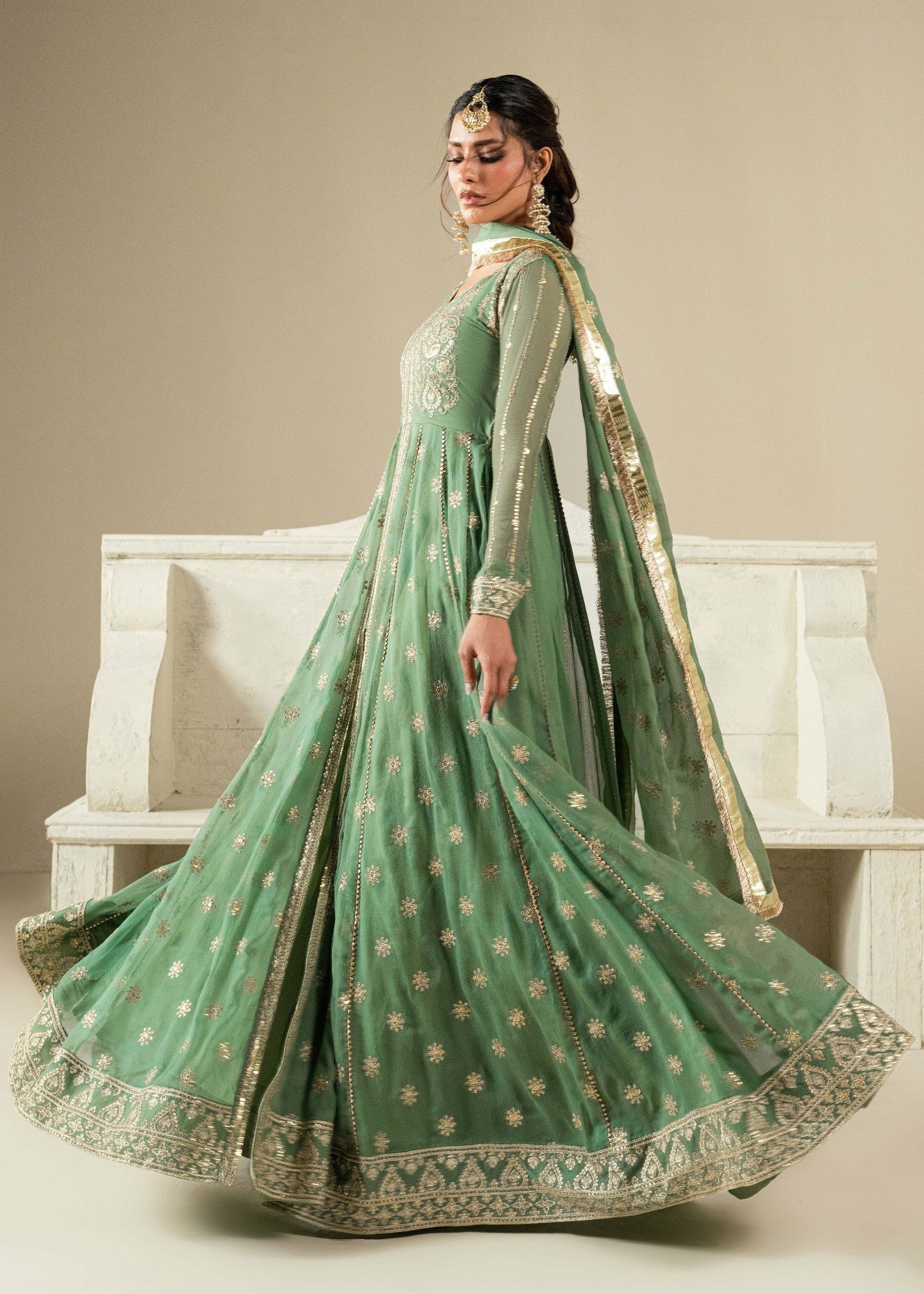 Festive Pistachio Green Chiffon Designer Suit Online in KSA Riyadh Saudi Arabia Oman Bahrain Qatar