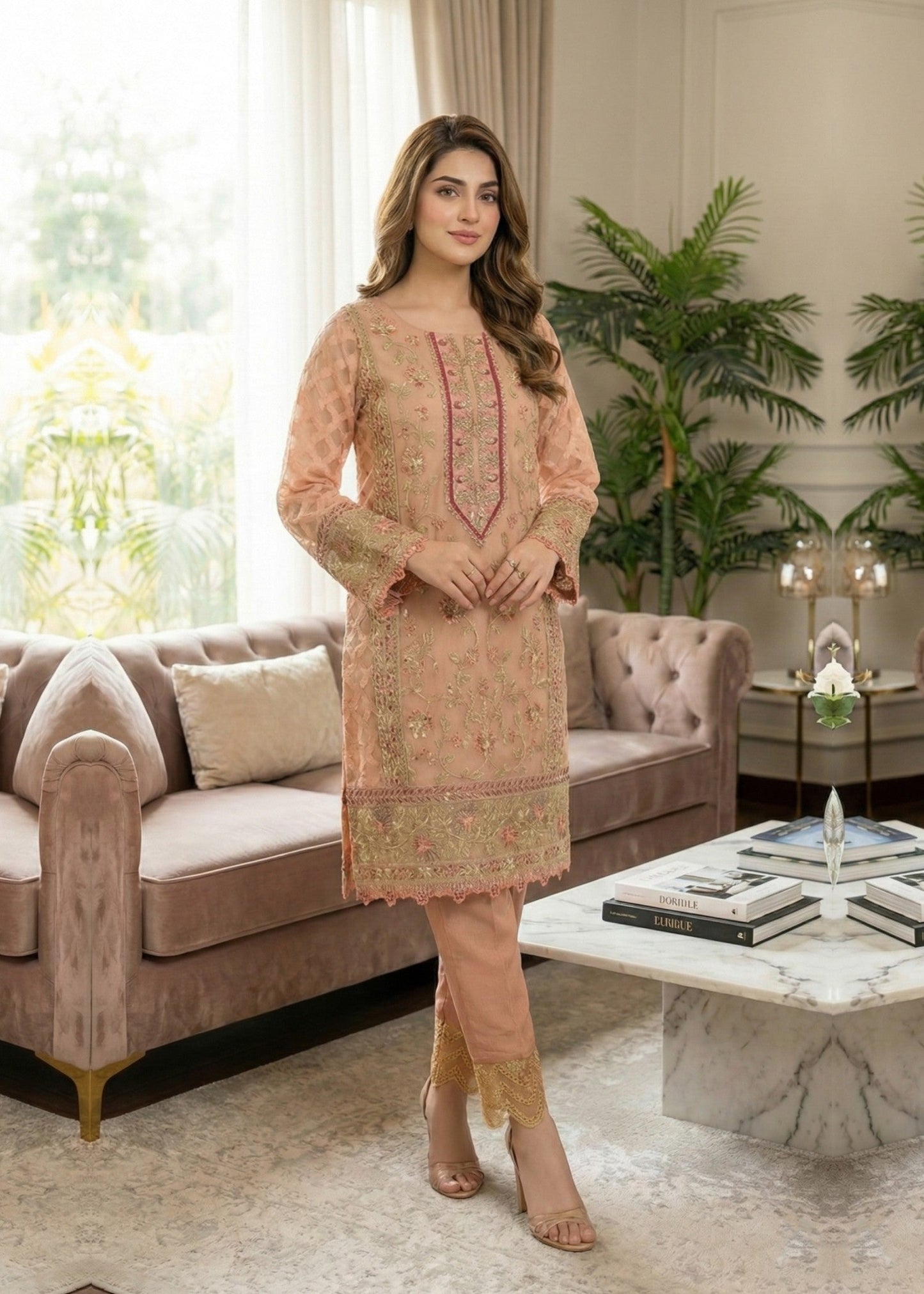 Festive Wear Peach Embroidered Raw Silk Trouser Suit Online in Sri Lanka India Australia