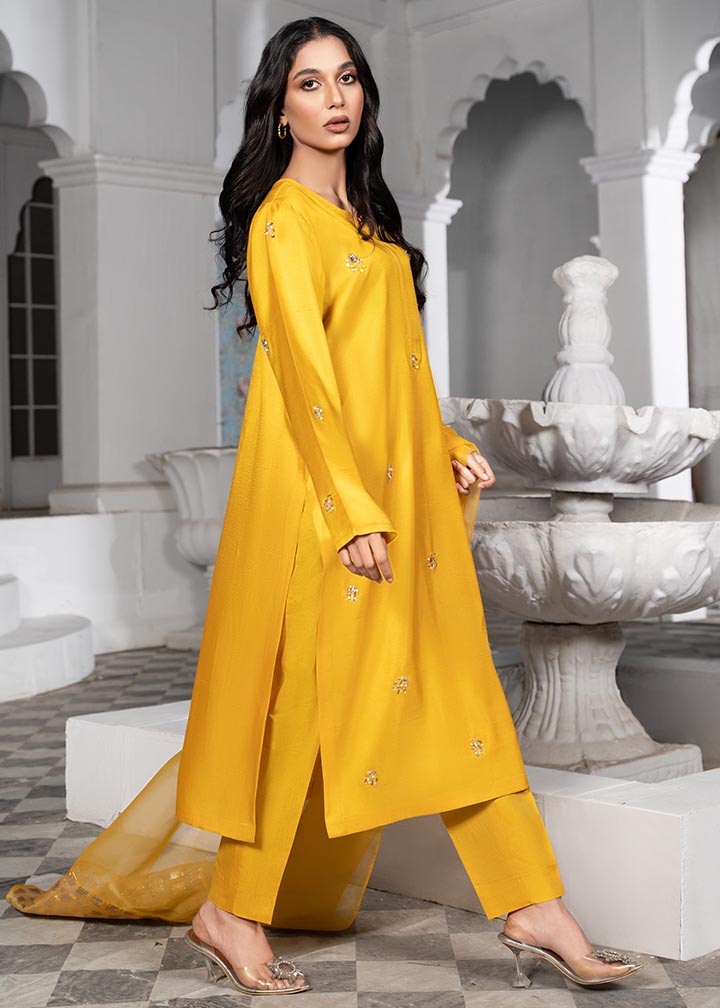 Festive Yellow Kattan Silk Suit with Sheer Dupatta Online in KSA Riyadh Saudi Arabia Oman Bahrain Qatar