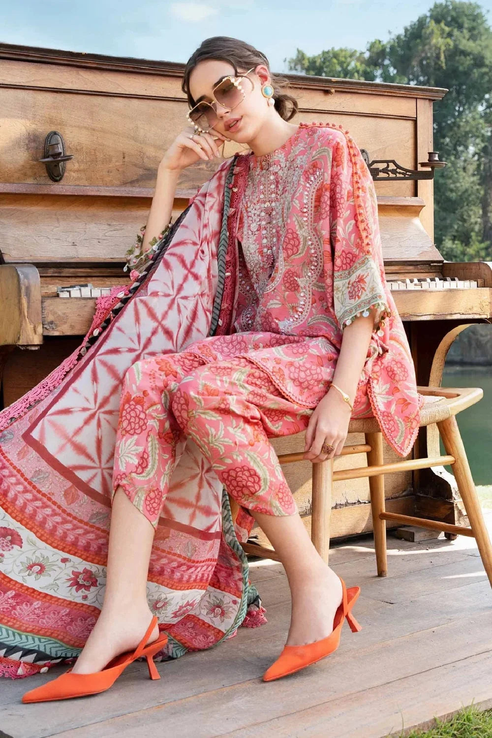 Floral Pink Pure Lawn Suit with Chiffon Dupatta