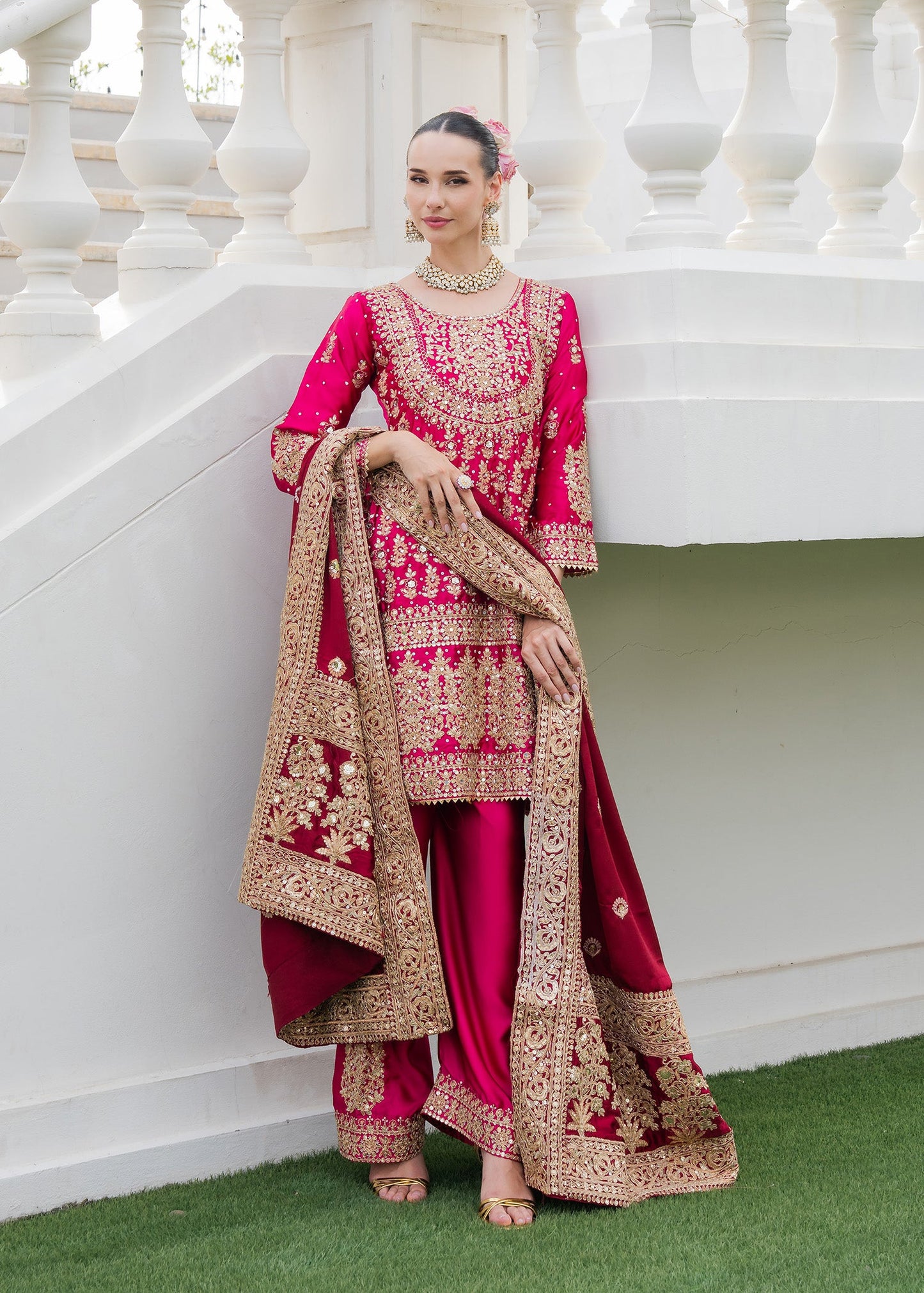 Fuchsia Charmuse Embroidered Pakistani Suit Online in Dubai DXB UAE Abudhabi Meena Bazaar
