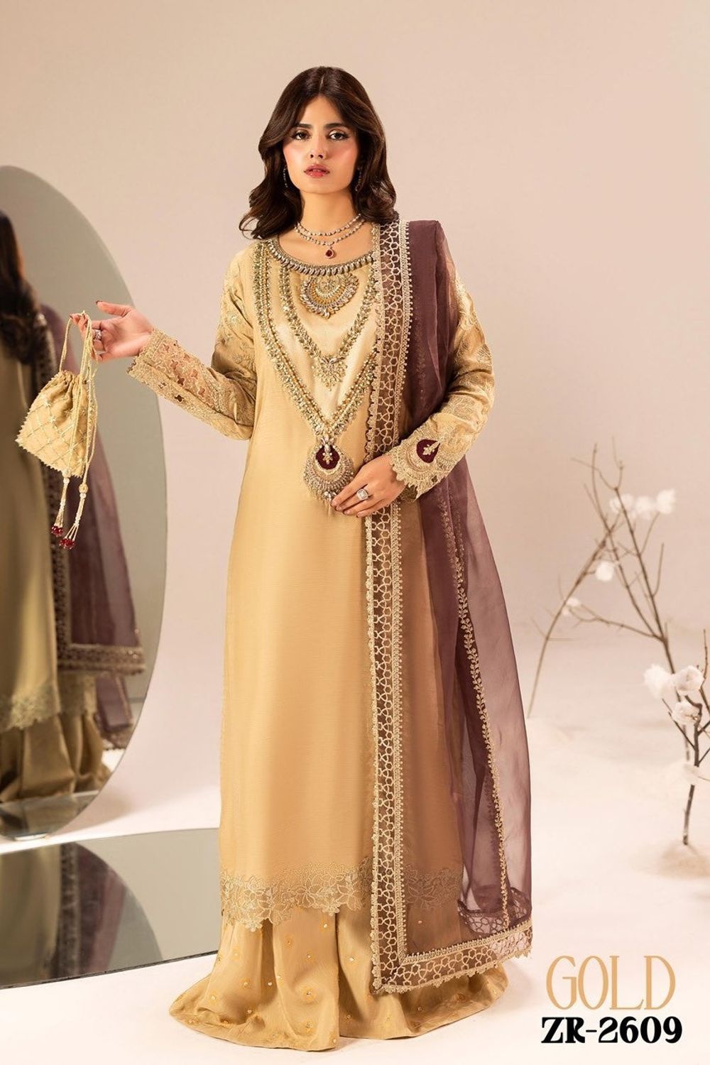 Gold Hand Embellished Raw Silk Sharara Suit Online in Dubai UAE Abudhabi Ajman Sharjah