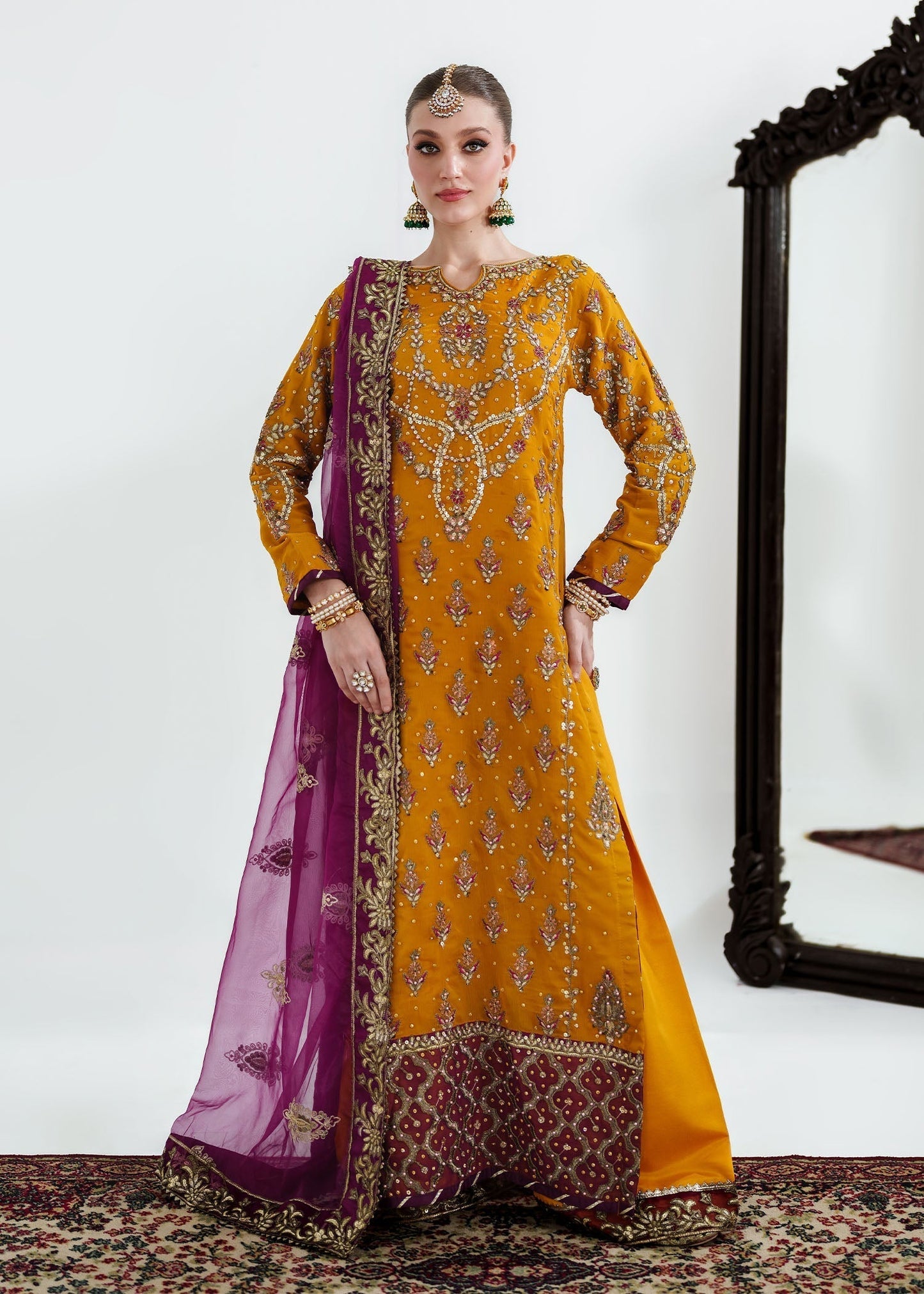 Gold Zari Embroidered Chiffon Kurta with Dupatta Online in UK USA Canada