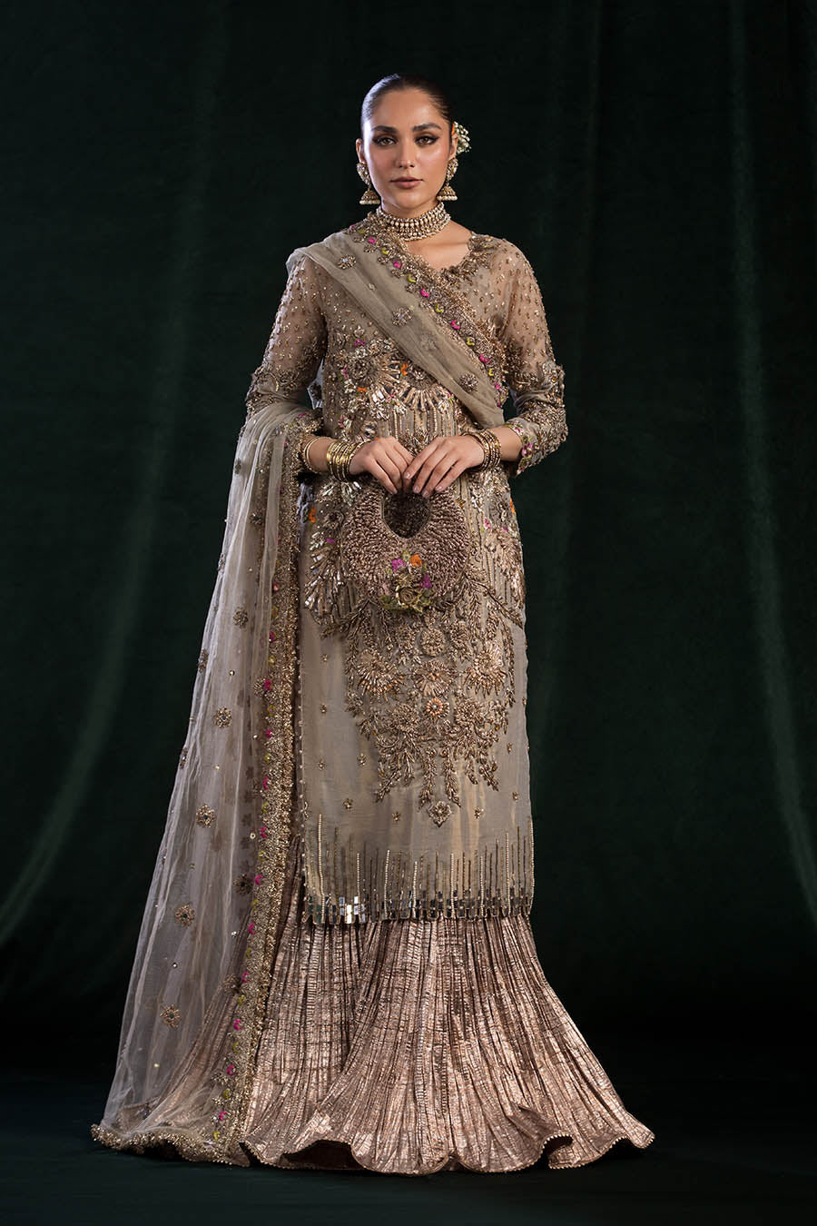 Hand Embroidered Pure Maysuri Golden Brown Bridal Sharara