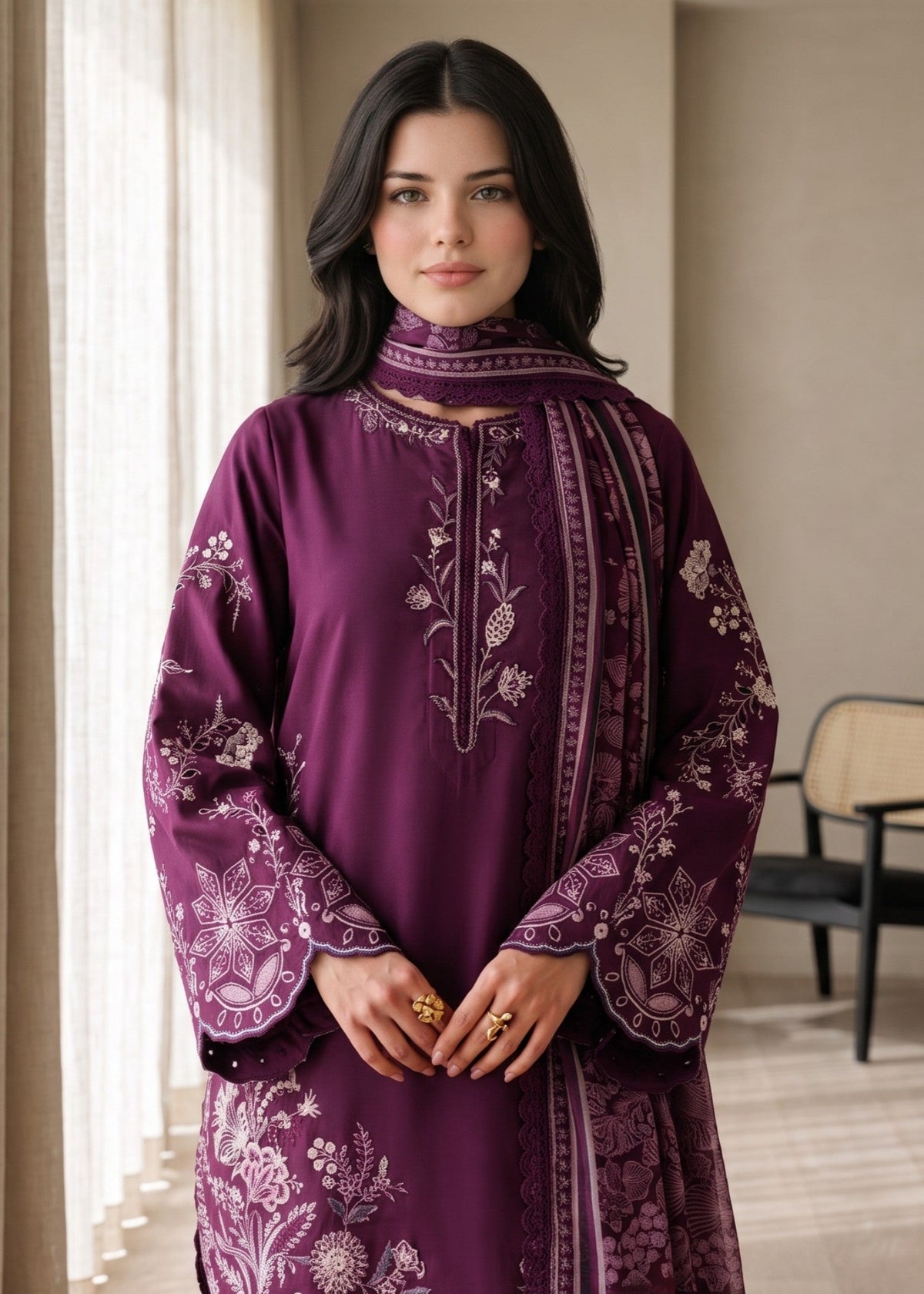 Grape Wine Embroidered Pakistani Lawn Suit with Dupatta Online in Dubai DXB UAE Abudhabi Meena Bazaar