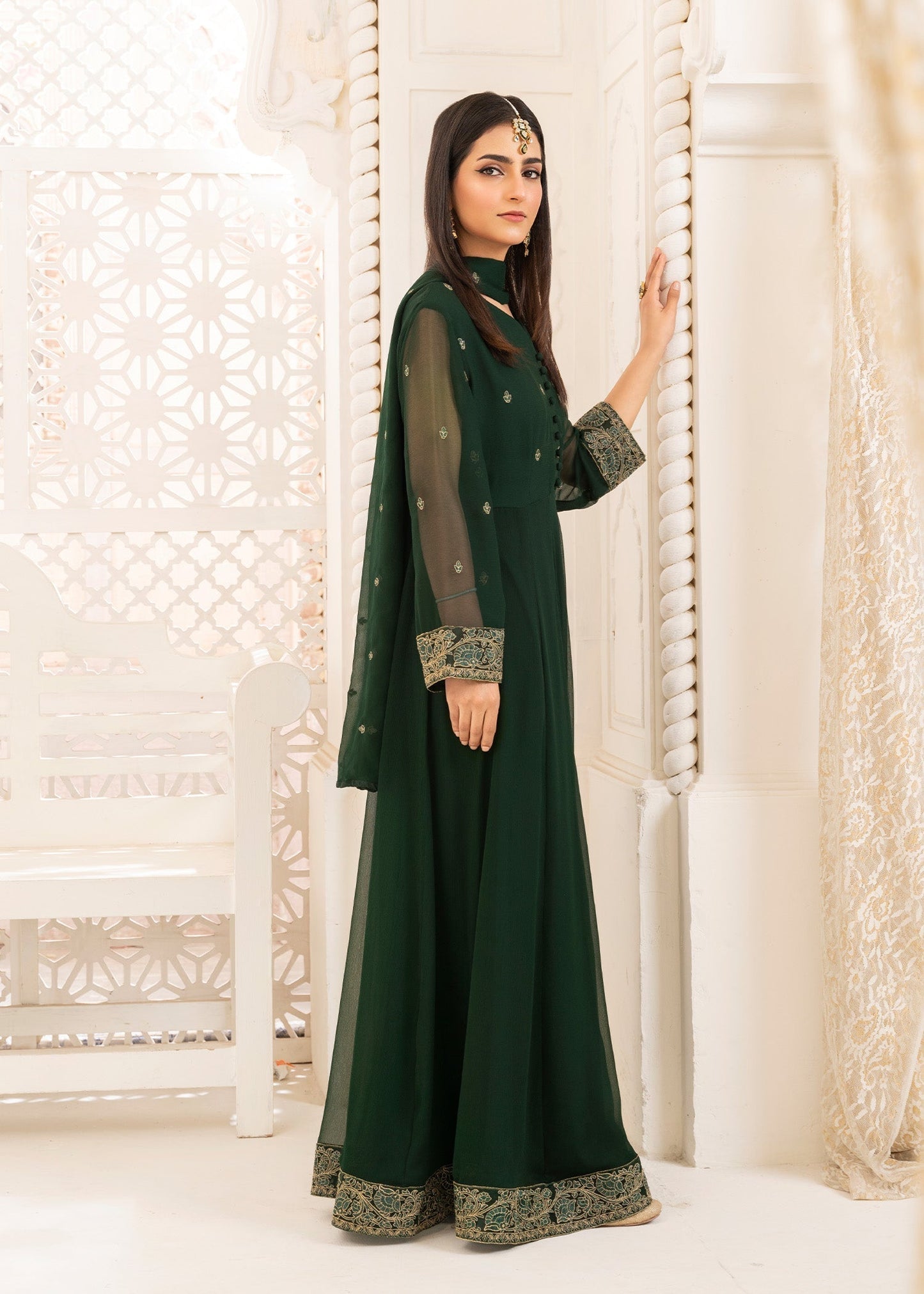 Green Chiffon Embroidered Pishwas and Raw Silk Trouser Online in Sri Lanka India Australia