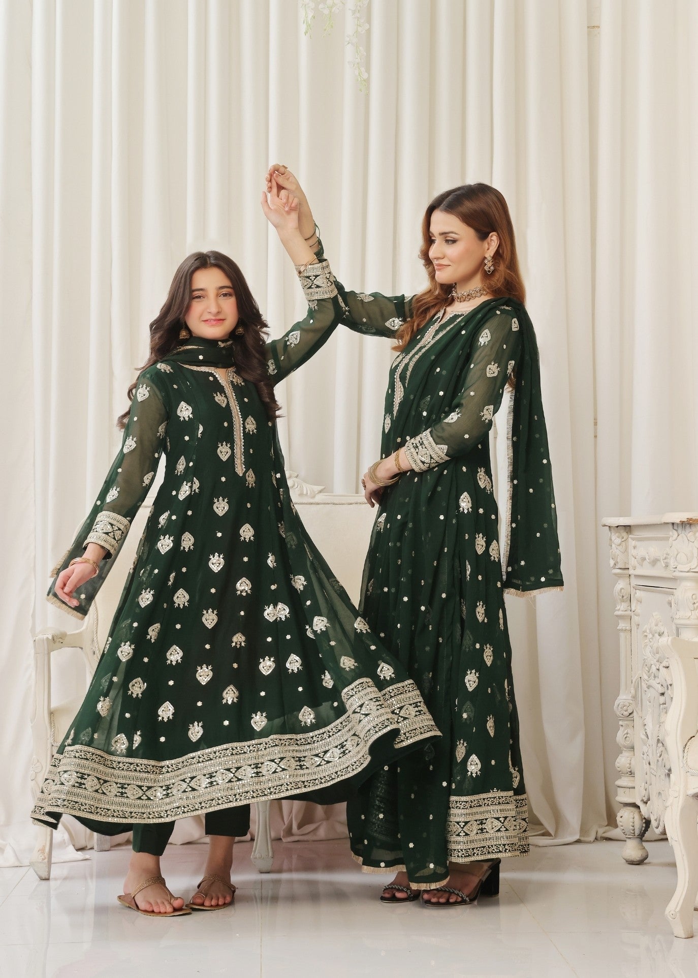 Green Chiffon Embroidered Pishwas Trouser Set Online in Dubai UAE Abudhabi Ajman Sharjah