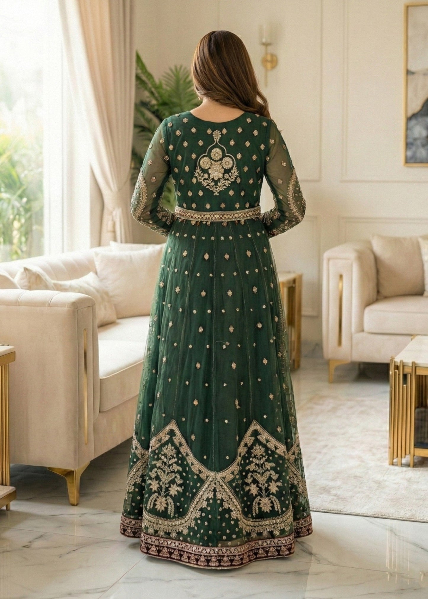 Green Embroidered Net Ladies Suit Online in Dubai UAE Abudhabi Ajman Sharjah