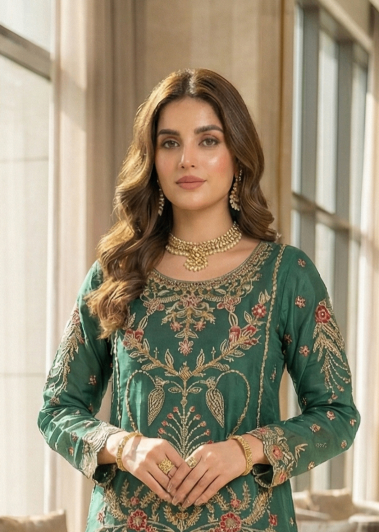 Green Embroidered Organza Gharara Dress Online in Dubai DXB UAE Abudhabi Meena Bazaar