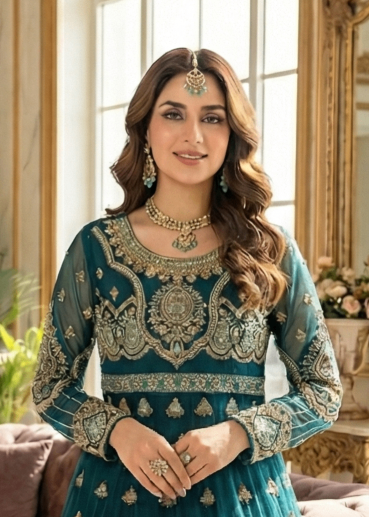 Green Raw Silk Embroidered Organza Pakistani Suit Online in Dubai DXB UAE Abudhabi Meena Bazaar