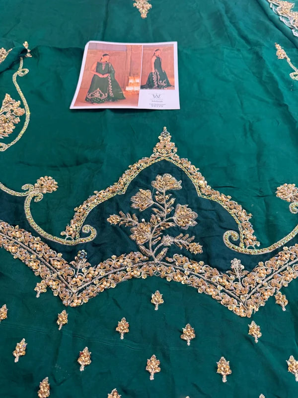 Emerald Green Hand Embellished Elegant Raw Silk Couture