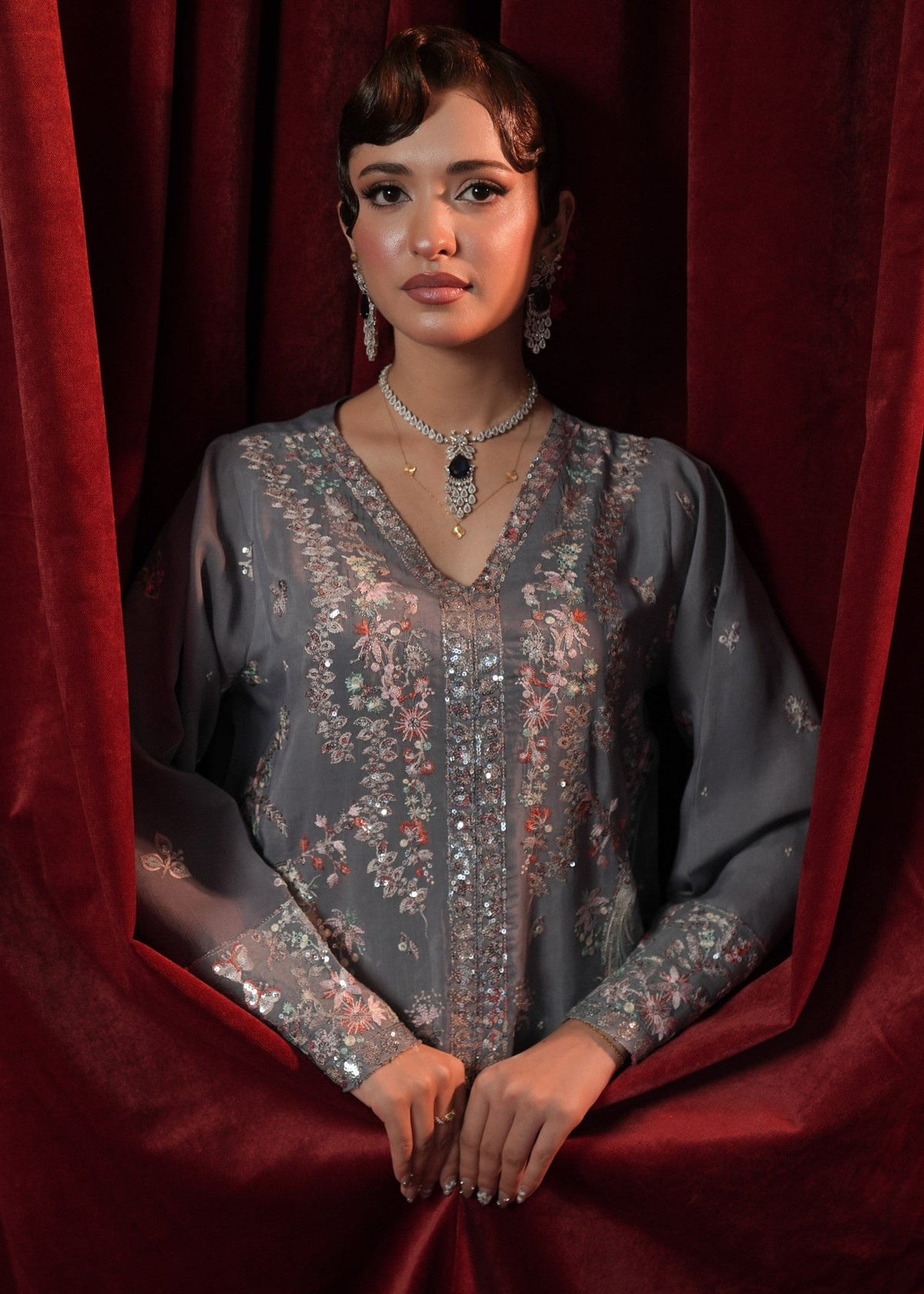 Grey Chiffon Embroidered Readymade Salwar Suit Online in Sri Lanka India Australia