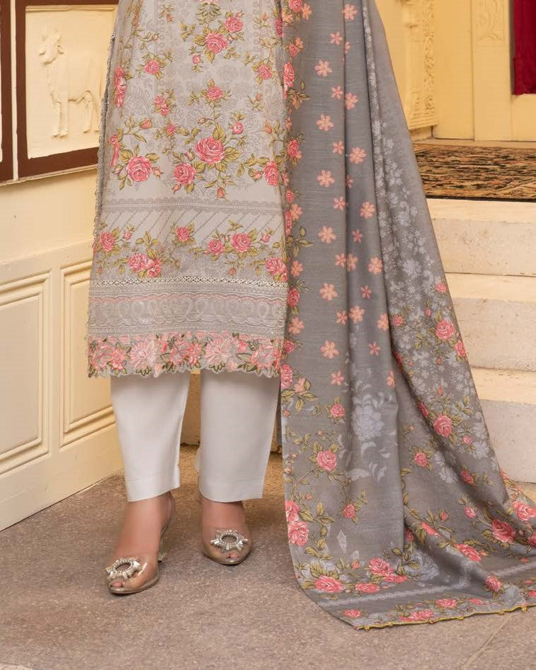 Grey Embroidered Dhanak Suit with Printed Wool Shawl Online in Dubai DXB UAE Abudhabi Meena Bazaar