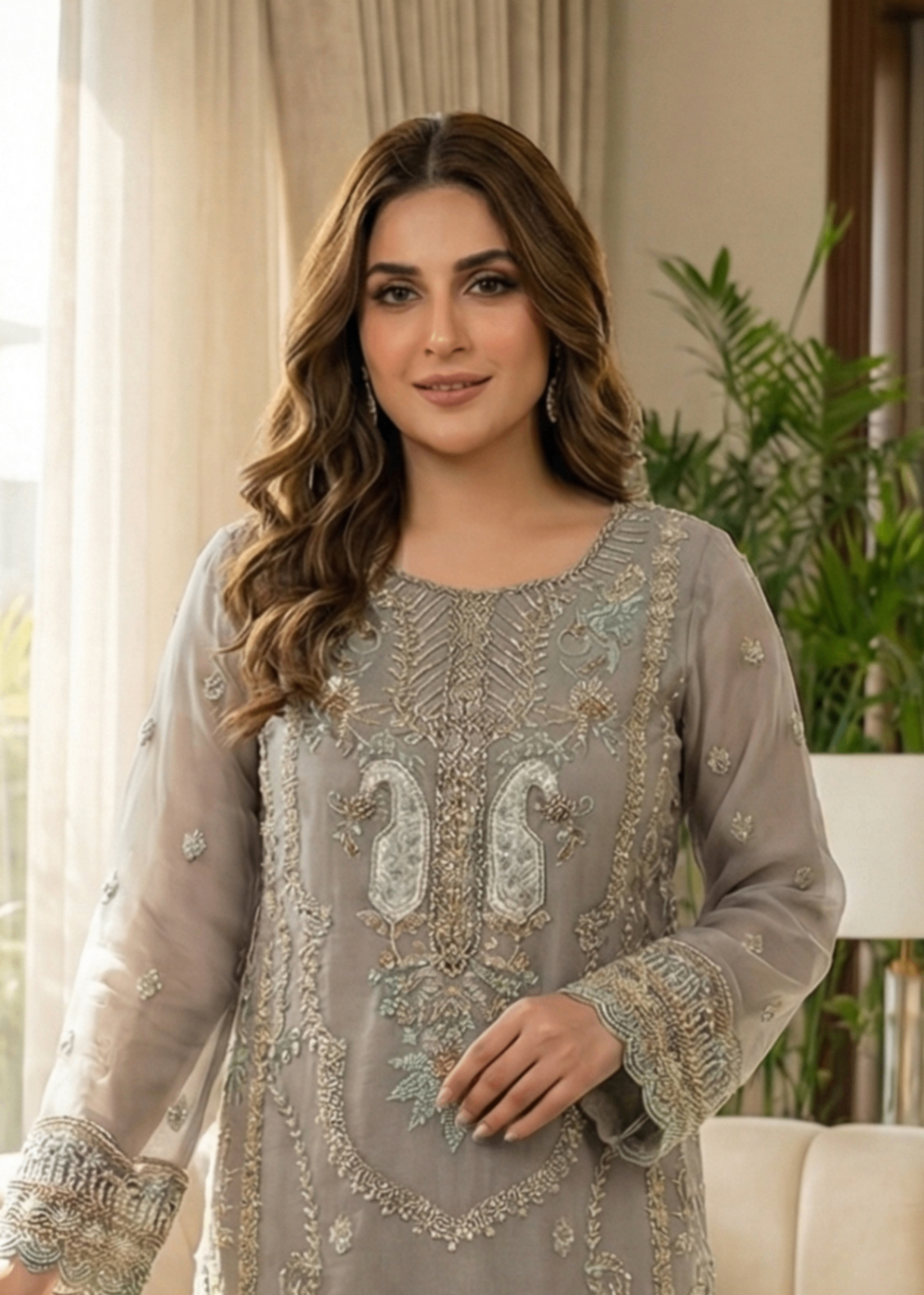 Grey Embroidered Organza Pakistani Suit Online in Dubai DXB UAE Abudhabi Meena Bazaar