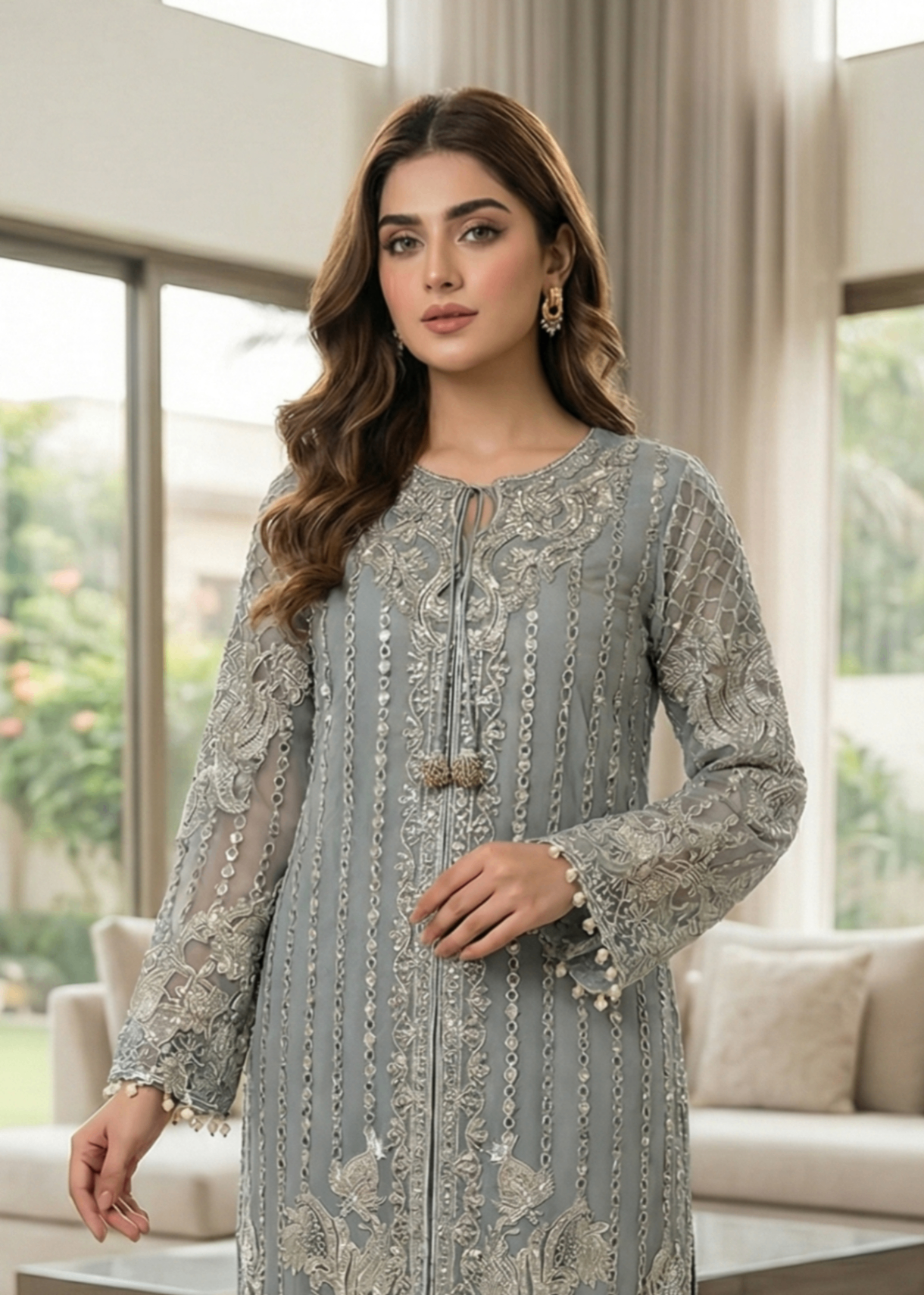 Grey Embroidered Organza Party Wear Suit Online in Dubai DXB UAE Abudhabi Meena Bazaar