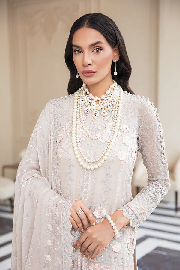 Soft Grey Chiffon Suit with 3D Flowers