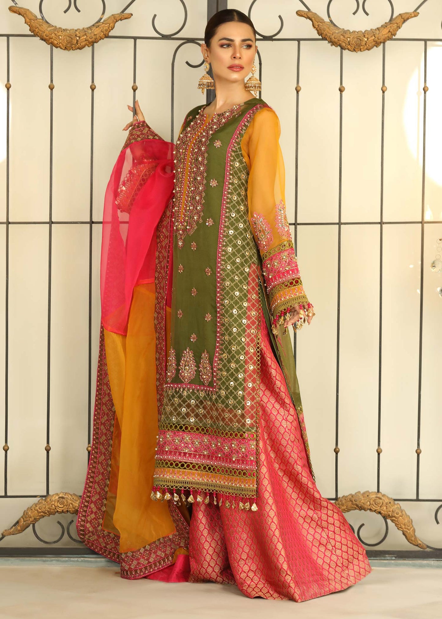 Hand Embellished Green Sharara Suit Online in KSA Riyadh Saudi Arabia Oman Bahrain Qatar
