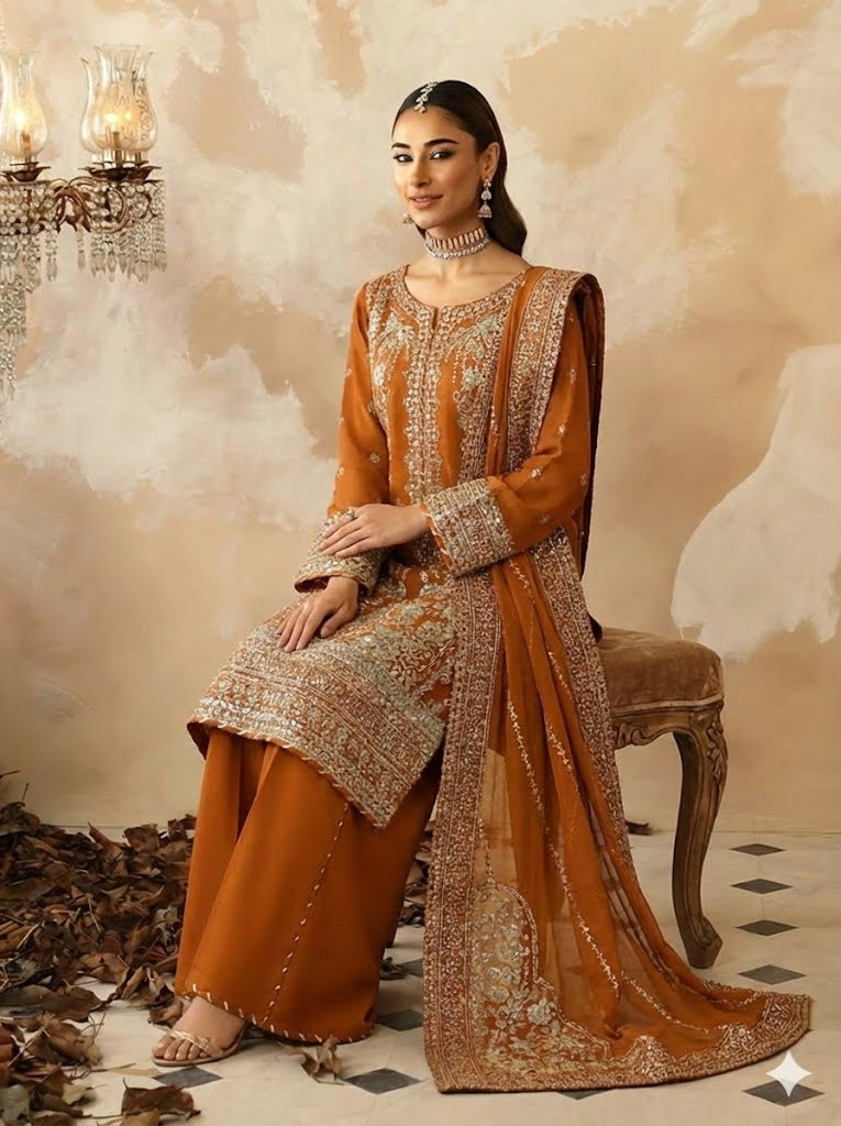 Hand Embellished Orange Organza Pakistani Wedding Outfit Online in KSA Riyadh Saudi Arabia Oman Bahrain Qatar