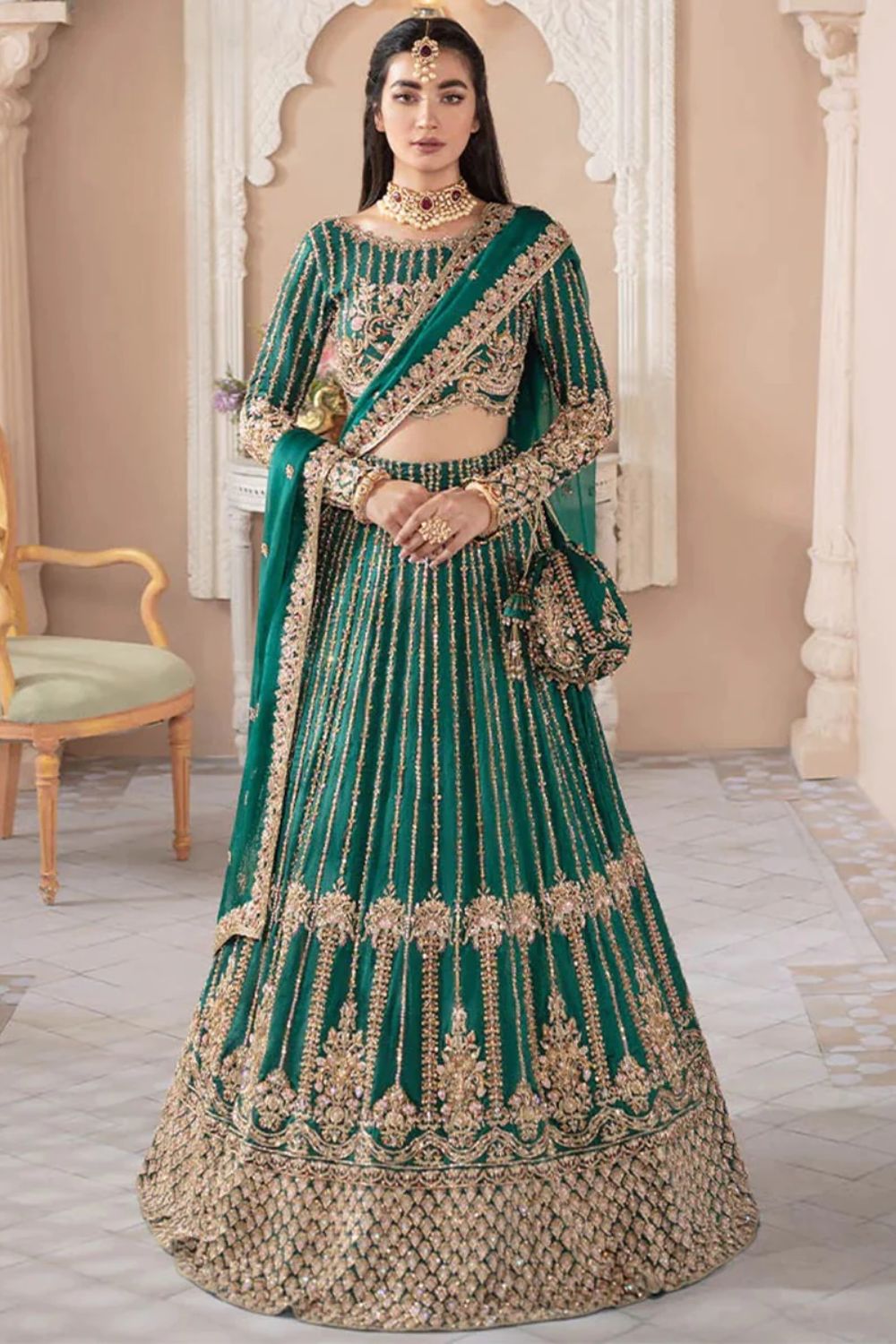 Emerald green bridal on sale lehenga