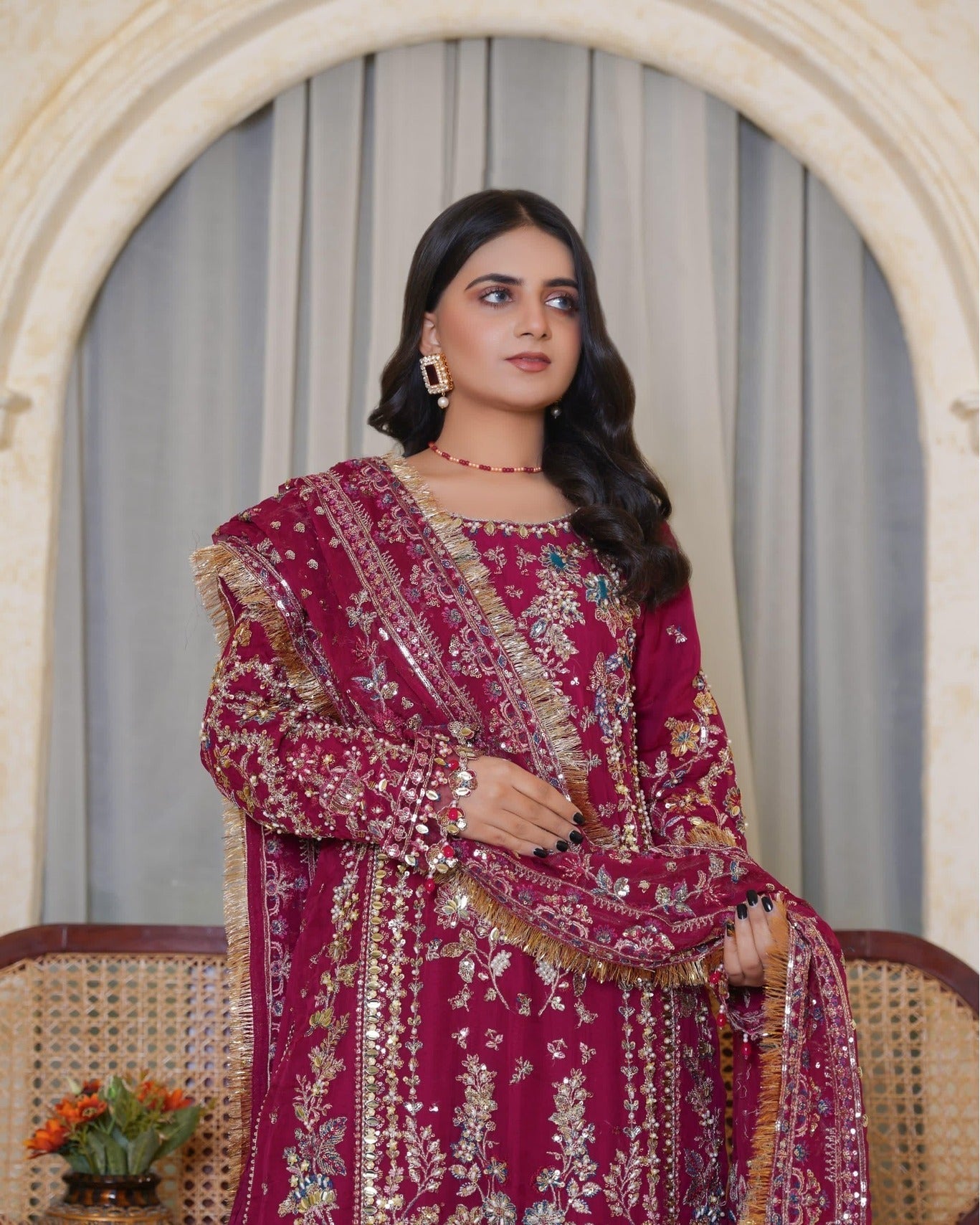 hot pink Sequins Pearls Chiffon Sharara Outfit Online in Dubai UAE Abudhabi Ajman Sharjah