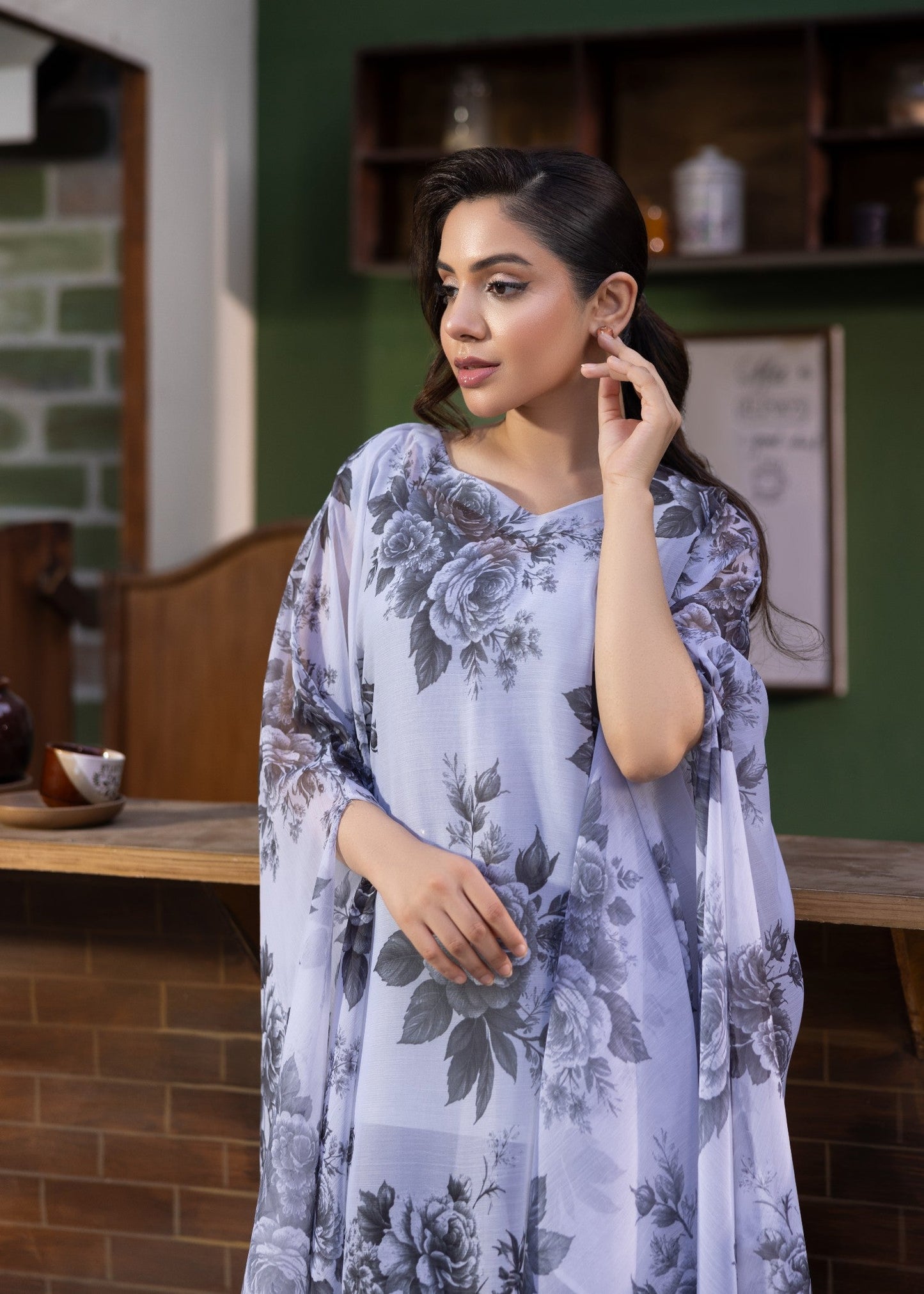 Ice Blue Chiffon Kaftan 2 Piece Set Online in KSA Riyadh Saudi Arabia Oman Bahrain Qatar