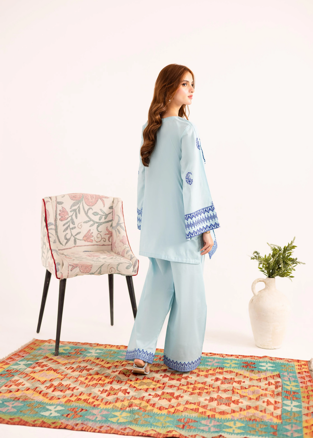 Ice Blue Embroidered Lawn Kurta Set Online in Dubai DXB UAE Abudhabi Meena Bazaar