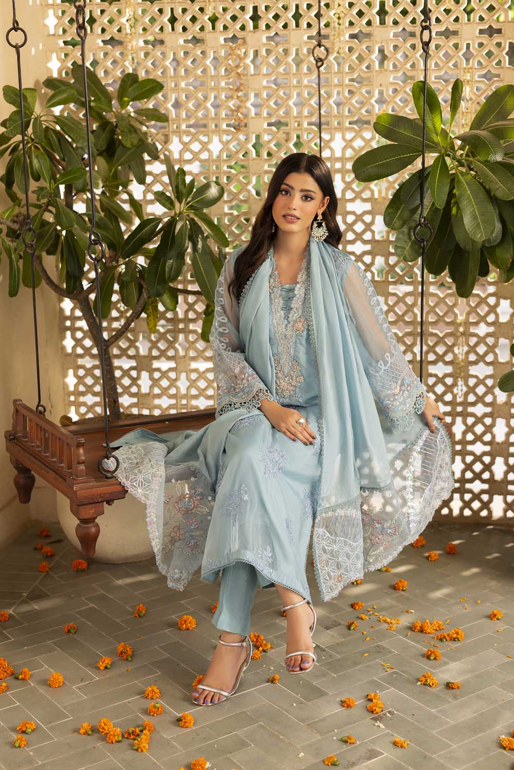 Ice Blue Organza Pakistani Wedding Suit with Silk Dupatta Online in Dubai DXB UAE Abudhabi Meena Bazaar