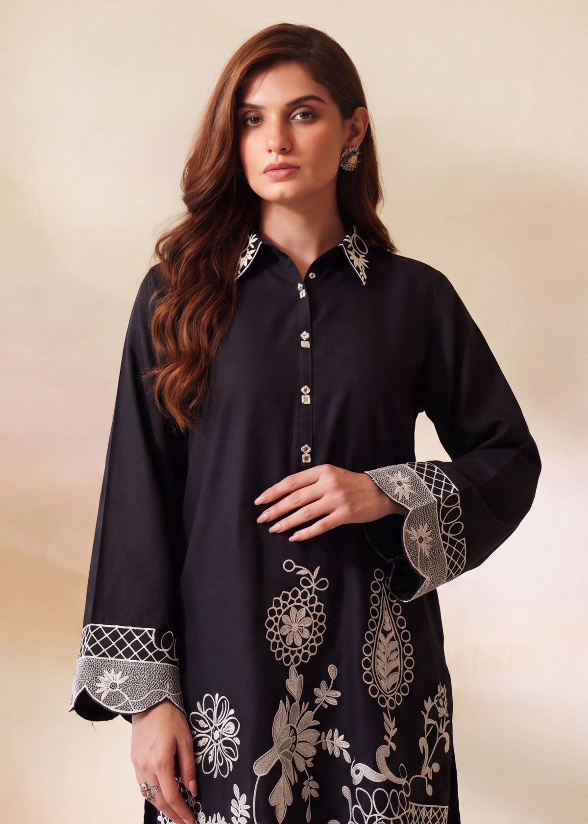 Black Dhanak Kurta Set with Embroidery Online in Dubai UAE Abudhabi Ajman Sharjah
