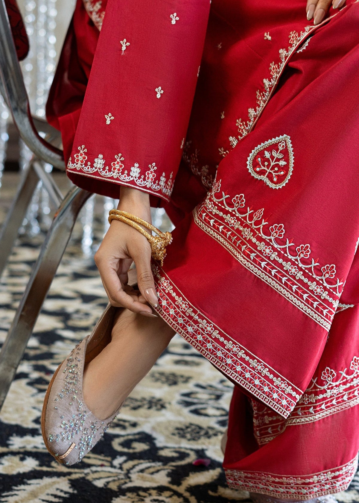 Red Embroidered Lawn Summer Wear Kurta Set Online in Sri Lanka India Australia