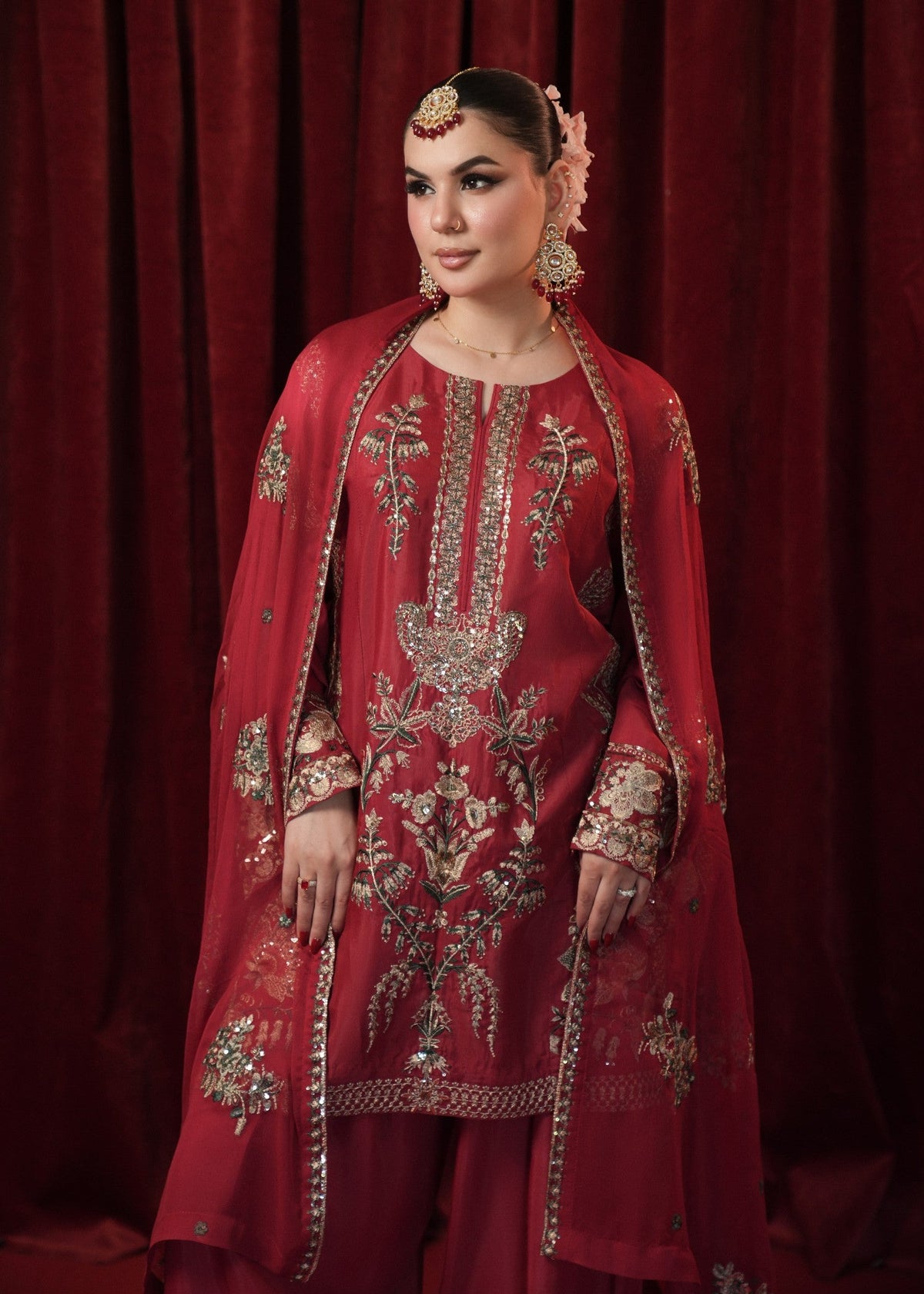 Red Raw Silk Designer Salwar Suit Online in KSA Riyadh Saudi Arabia Oman Bahrain Qatar