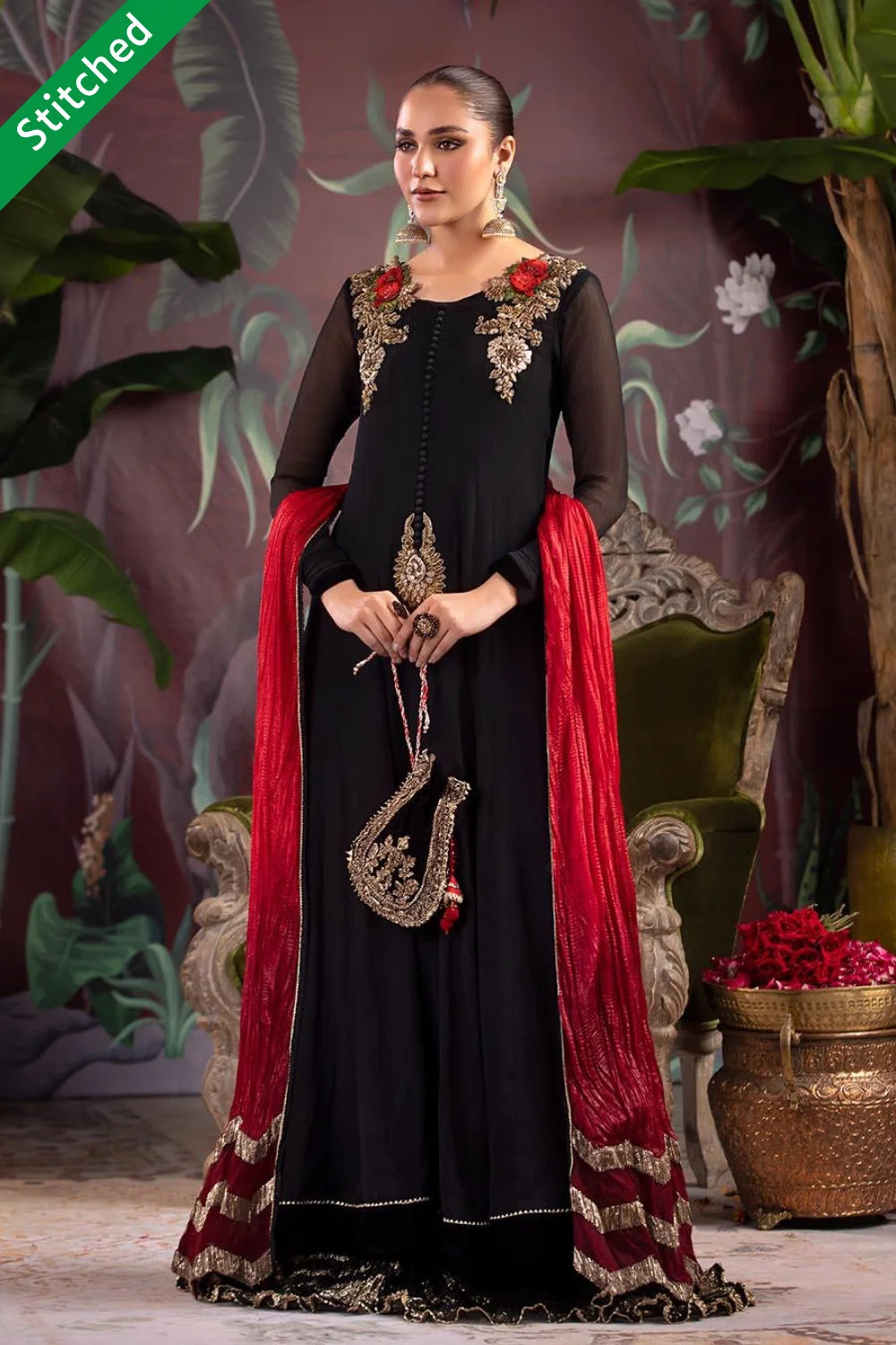 Hand Embroidered Pure Crinkle Chiffon Sharara