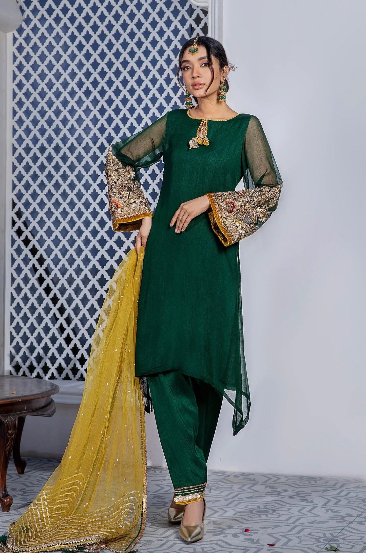 Green Readymade Chiffon Suit Size 44