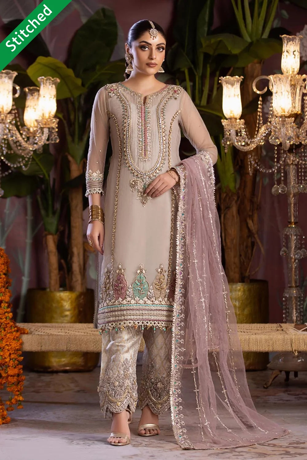 Beige Hand Embroidered Pure Organza Suit