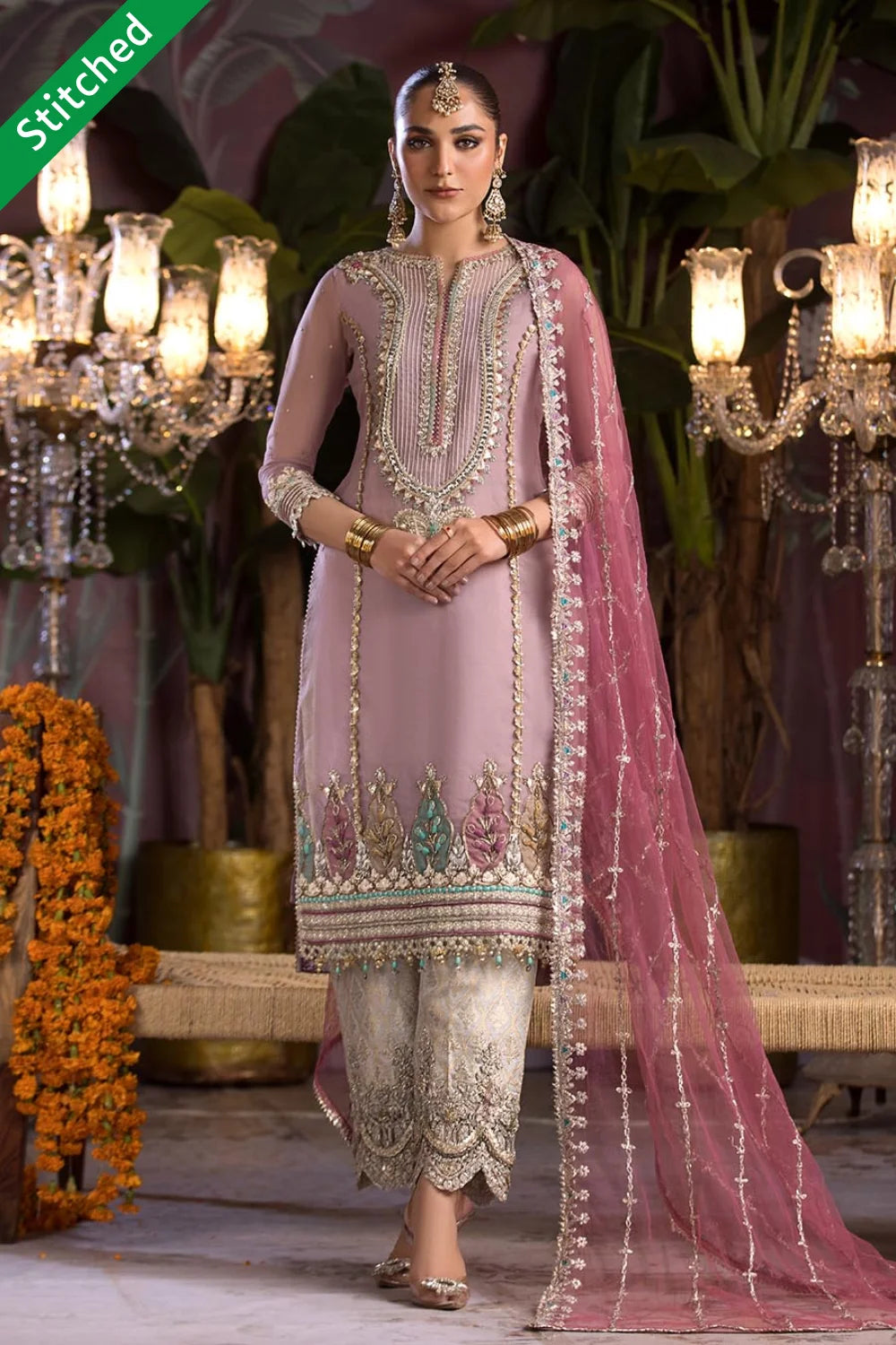 Mauve Hand Embroidered Pure Organza Suit