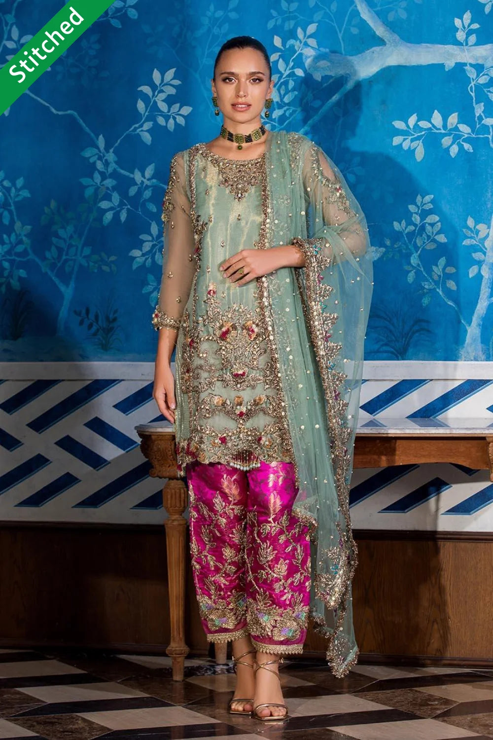 Turquoise Readymade Pure Maysuri Suit Size 44