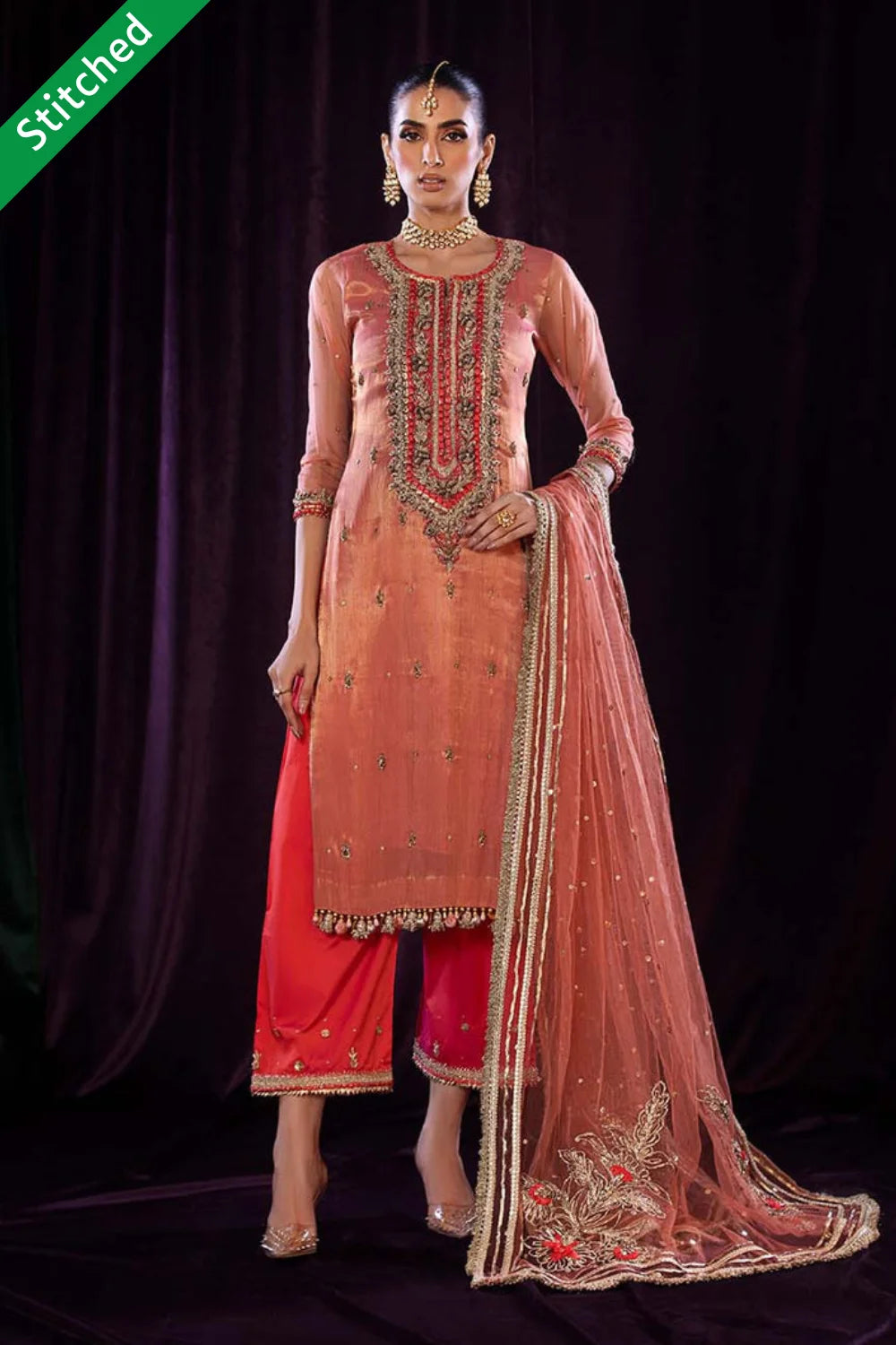Peach Hand Embroidered Pure Maysuri Suit