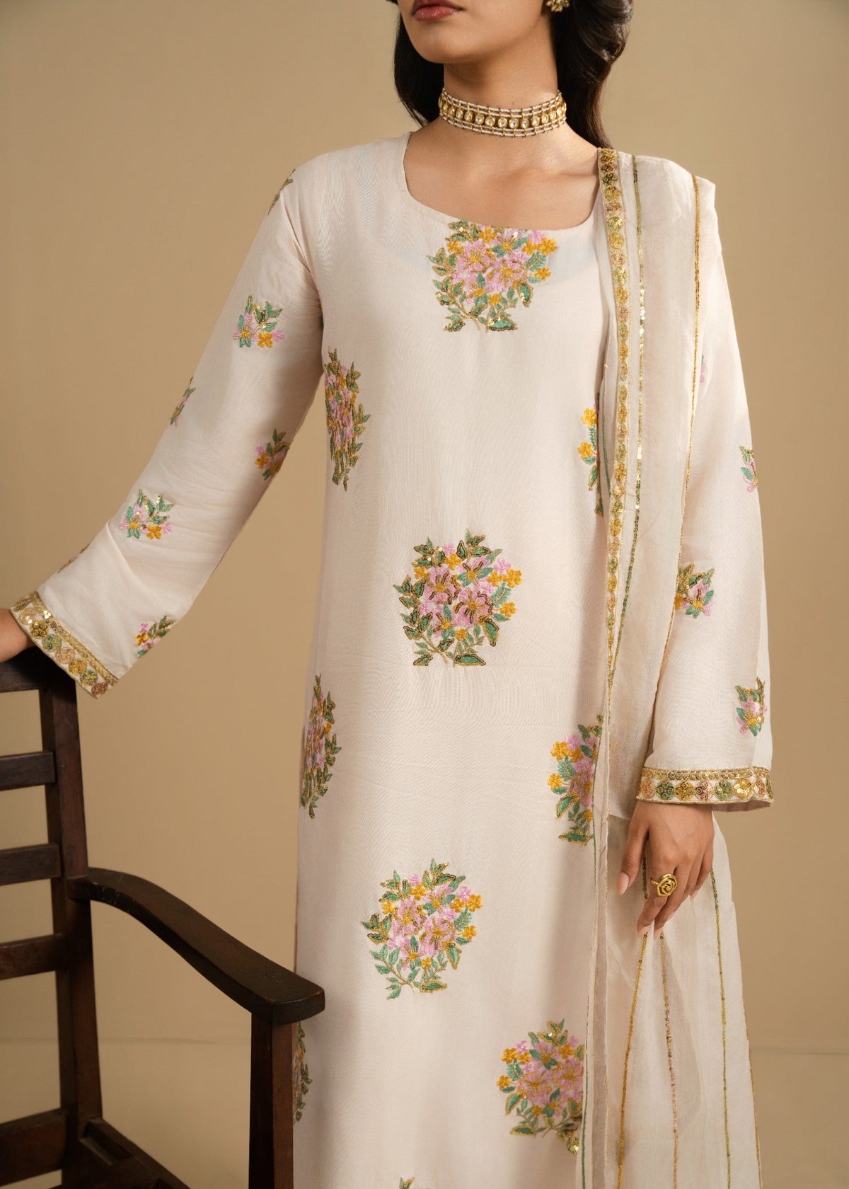 Ivory Embroidered Cotton Festive Suit Online in Sri Lanka India Australia