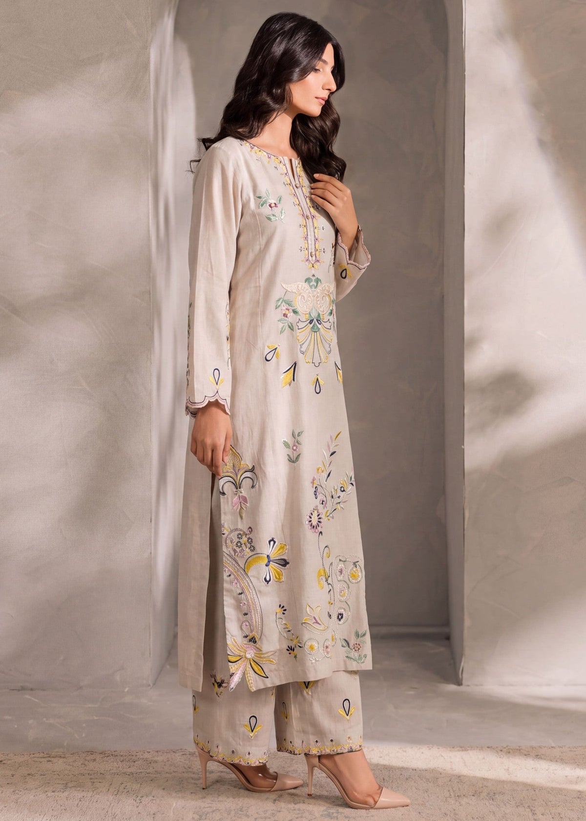 Ivory Embroidered Khaddar Kurta Set for Daily Wear Online in Dubai DXB UAE Abudhabi Meena Bazaar
