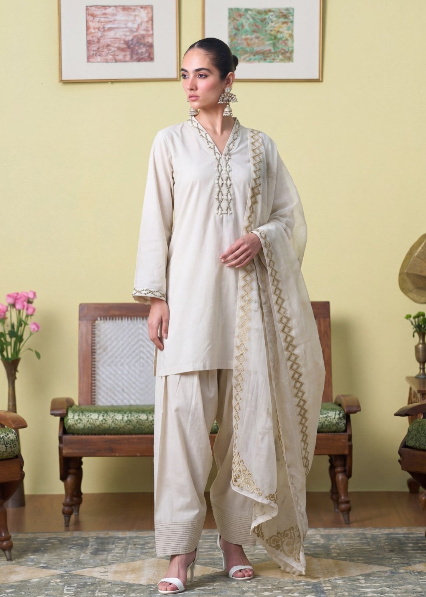 Ivory Lacework Lawn Salwar Suit Unstitched Online in KSA Riyadh Saudi Arabia Oman Bahrain Qatar